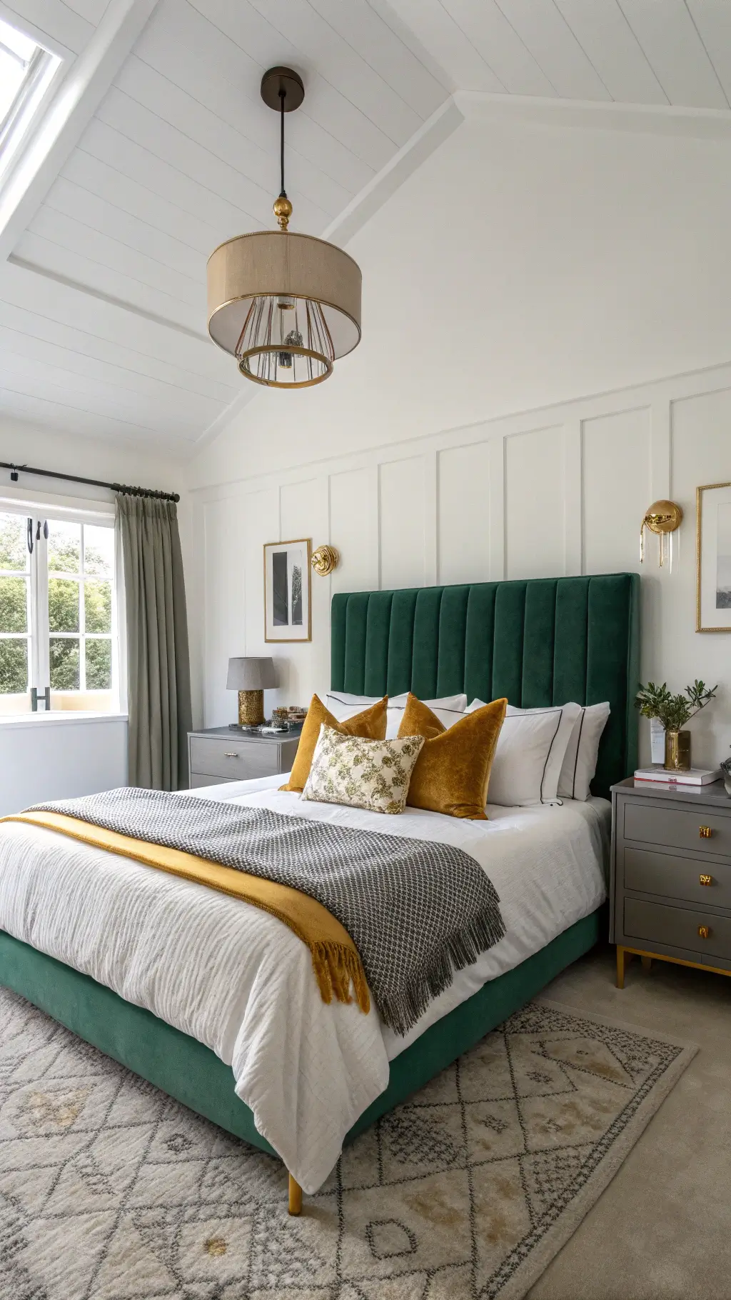 Spacious bedroom featuring an emerald velvet Art Deco headboard against crisp white walls. Asymmetrical brass pendant lights flank the bed, layered with white linens, vintage silk cushions, and a gray and gold geometric throw. A mid-century modern dresser displays vintage perfume bottles and sculptural accents. Soft natural light enhances the airy feel.