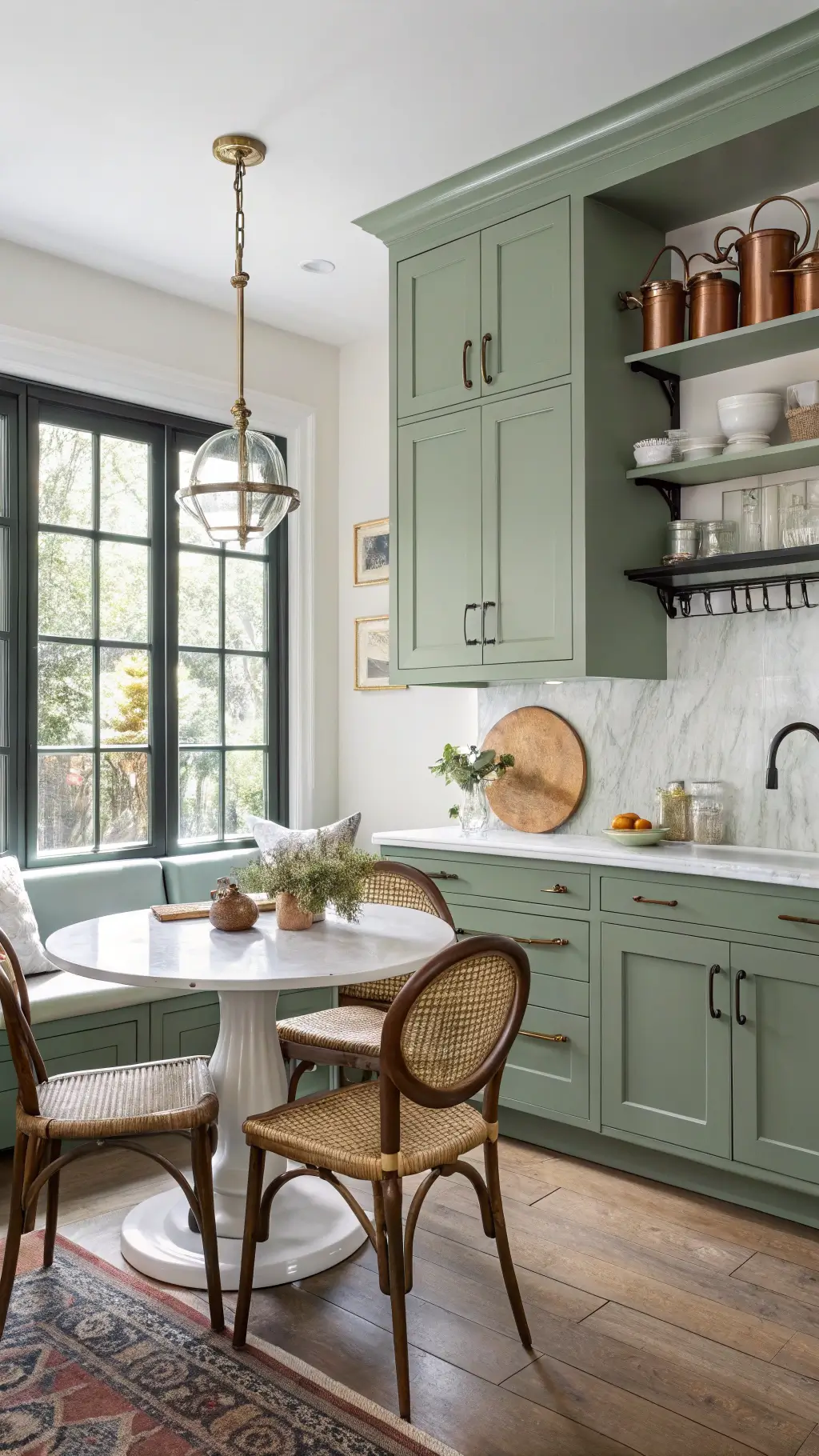 Charming kitchen nook with 1930s built-in cabinets painted sage green, a marble-topped bistro table, and restored bentwood chairs. Vintage copper pots hang from a matte black rail, complemented by mixed brass and stainless hardware. Decorated with ceramics and vintage cutting boards, illuminated by natural and task lighting.