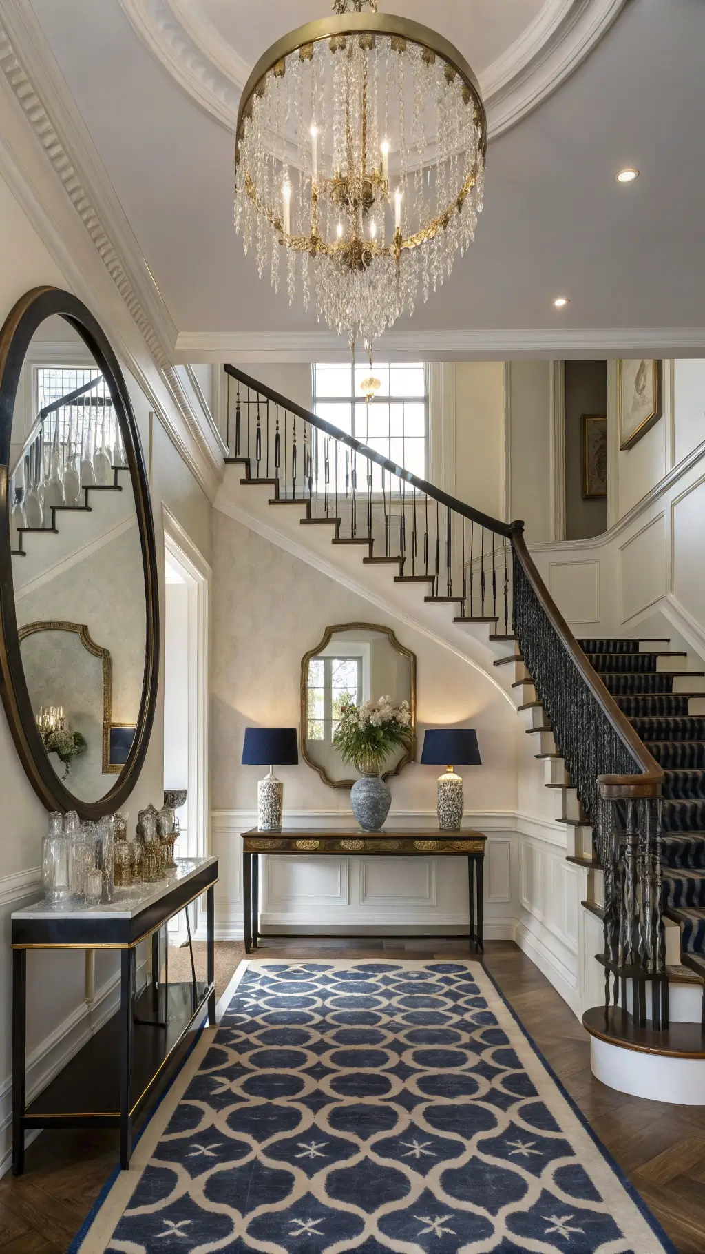 Grand foyer featuring a restored Victorian staircase, a modern circular mirror reflecting an antique chandelier, a brass console table with chinoiserie lamps, a geometric navy and cream runner, and a blend of modern and vintage decor.