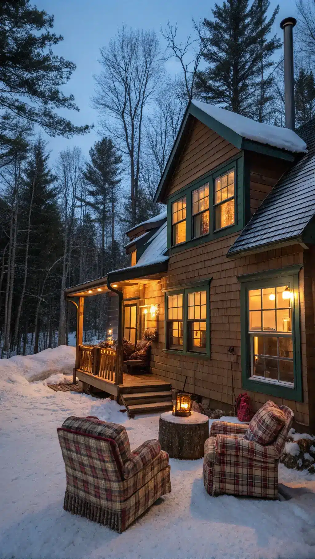 Cozy snow-covered cabin at dusk with warm interior lighting.