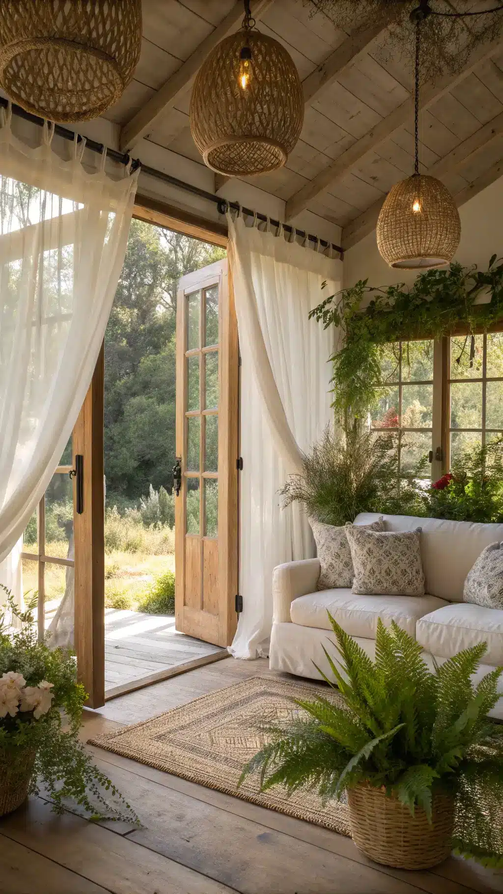 Spring cabin sanctuary with French doors opening to a garden.