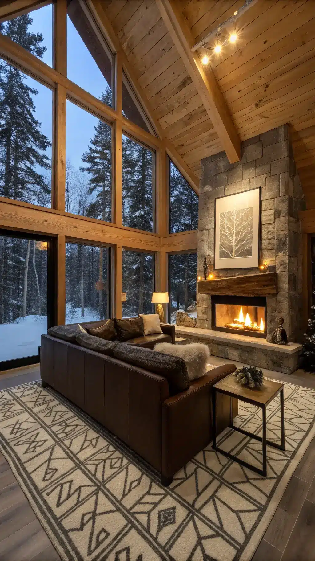 Cozy winter cabin interior with a glowing fireplace and oversized leather sectional.