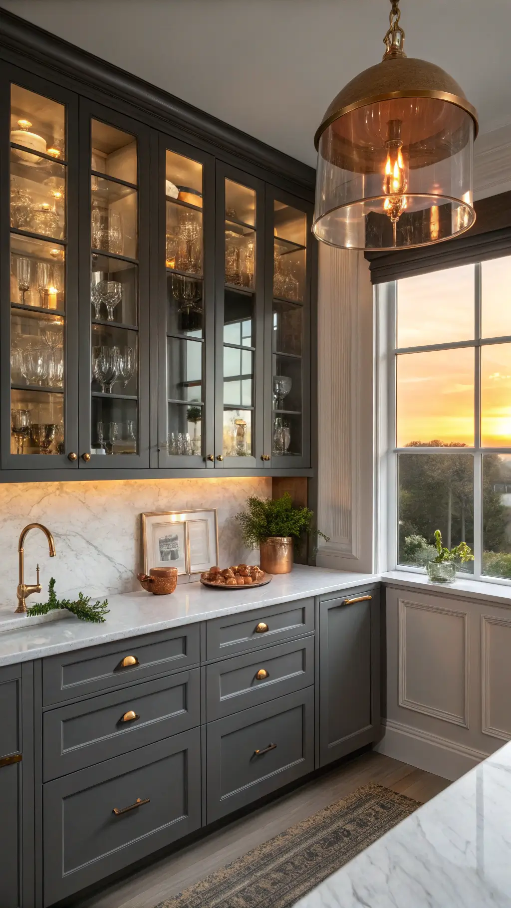 Cozy kitchen corner bathed in golden hour light, featuring floor-to-ceiling dark grey cabinets with brushed gold handles and glass-front uppers showcasing elegant glassware. White marble counters with delicate veining. A large copper pendant light adds warmth, while fresh herbs in terracotta pots adorn the windowsill, creating a luxurious yet inviting atmosphere.