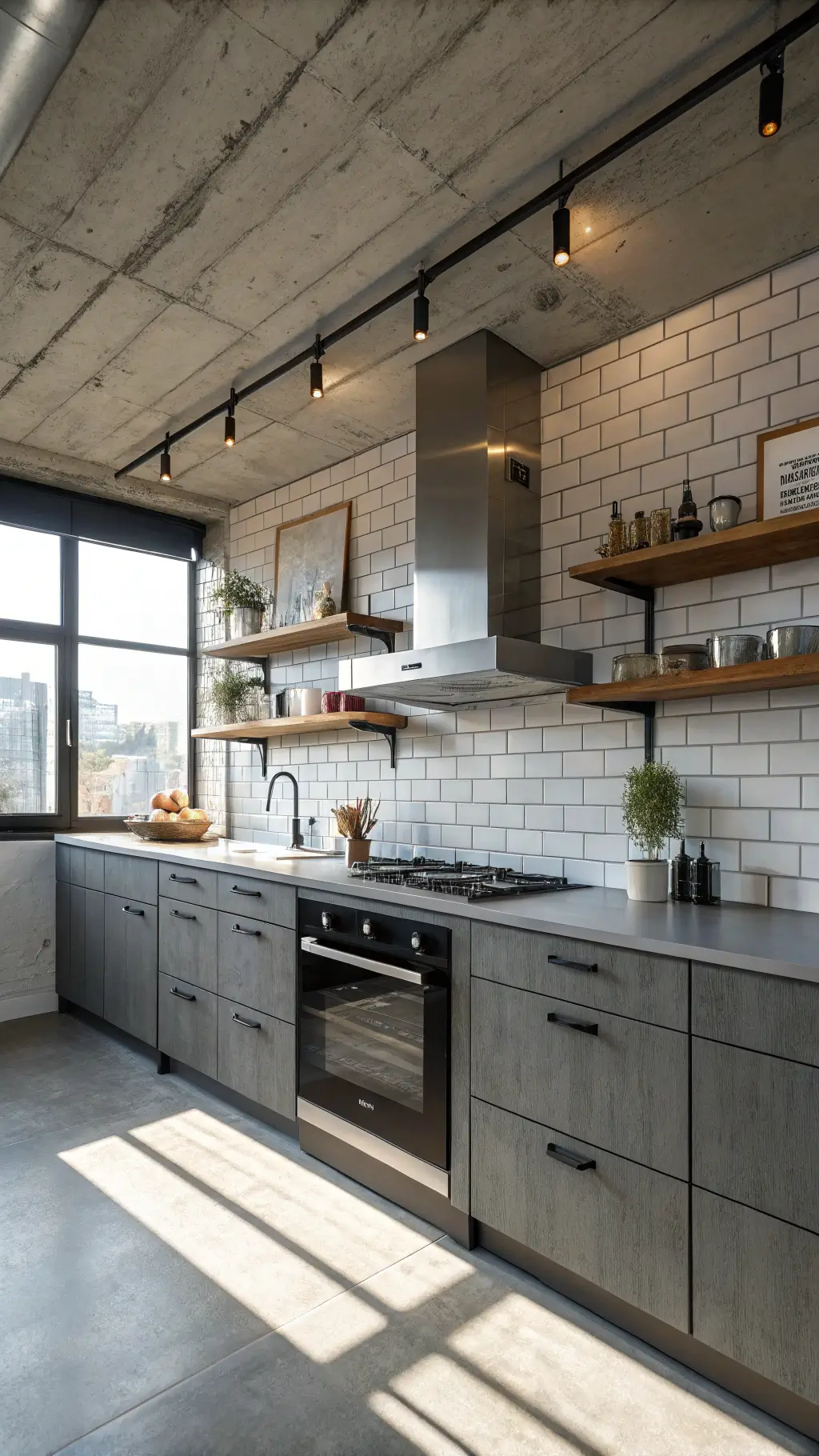 Industrial-inspired kitchen with smoky grey cabinetry, stainless steel appliances, matte black hardware, and classic white subway tile backsplash. Floating wooden shelves display minimalist ceramics. Linear LED lighting creates dynamic shadows, while natural light streams through factory-style windows.