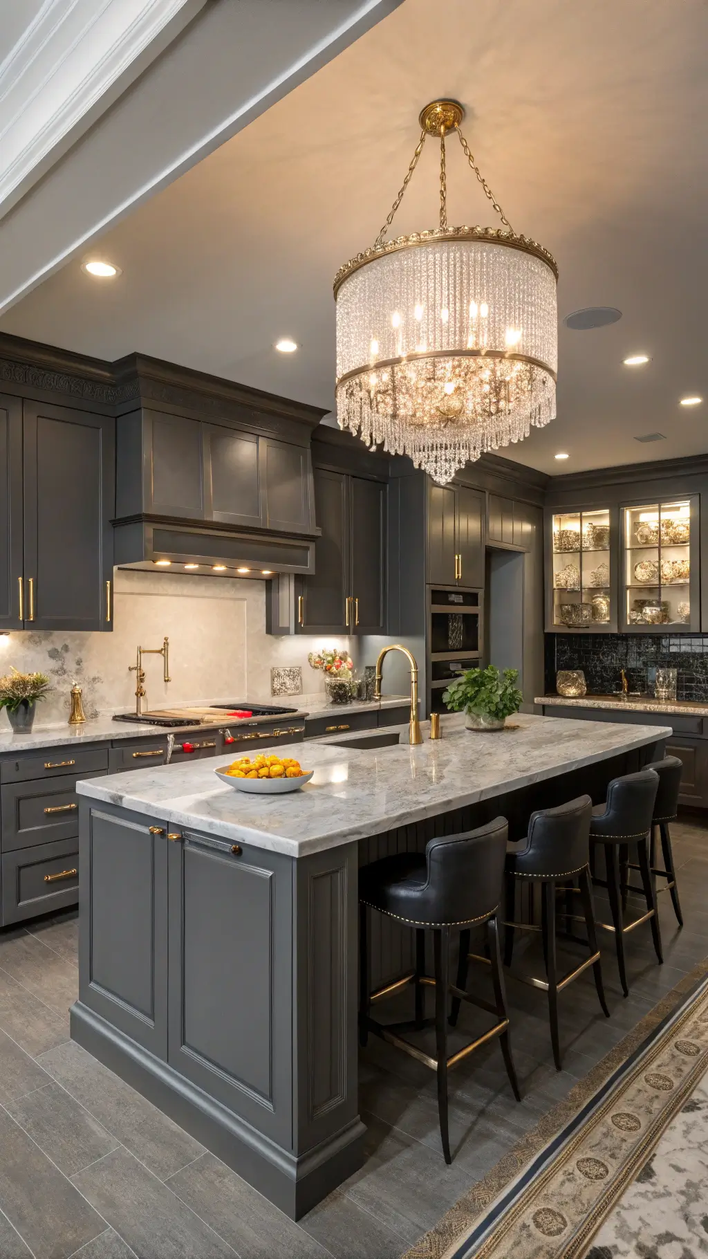 L-shaped kitchen with dark grey shaker cabinets, dramatic lighting, and a crystal chandelier above a large marble island. Brass pot rail complements a professional-grade stove, while an antique mirror backsplash reflects warm accent lights. Leather bar stools add texture, creating a glamorous yet practical space.