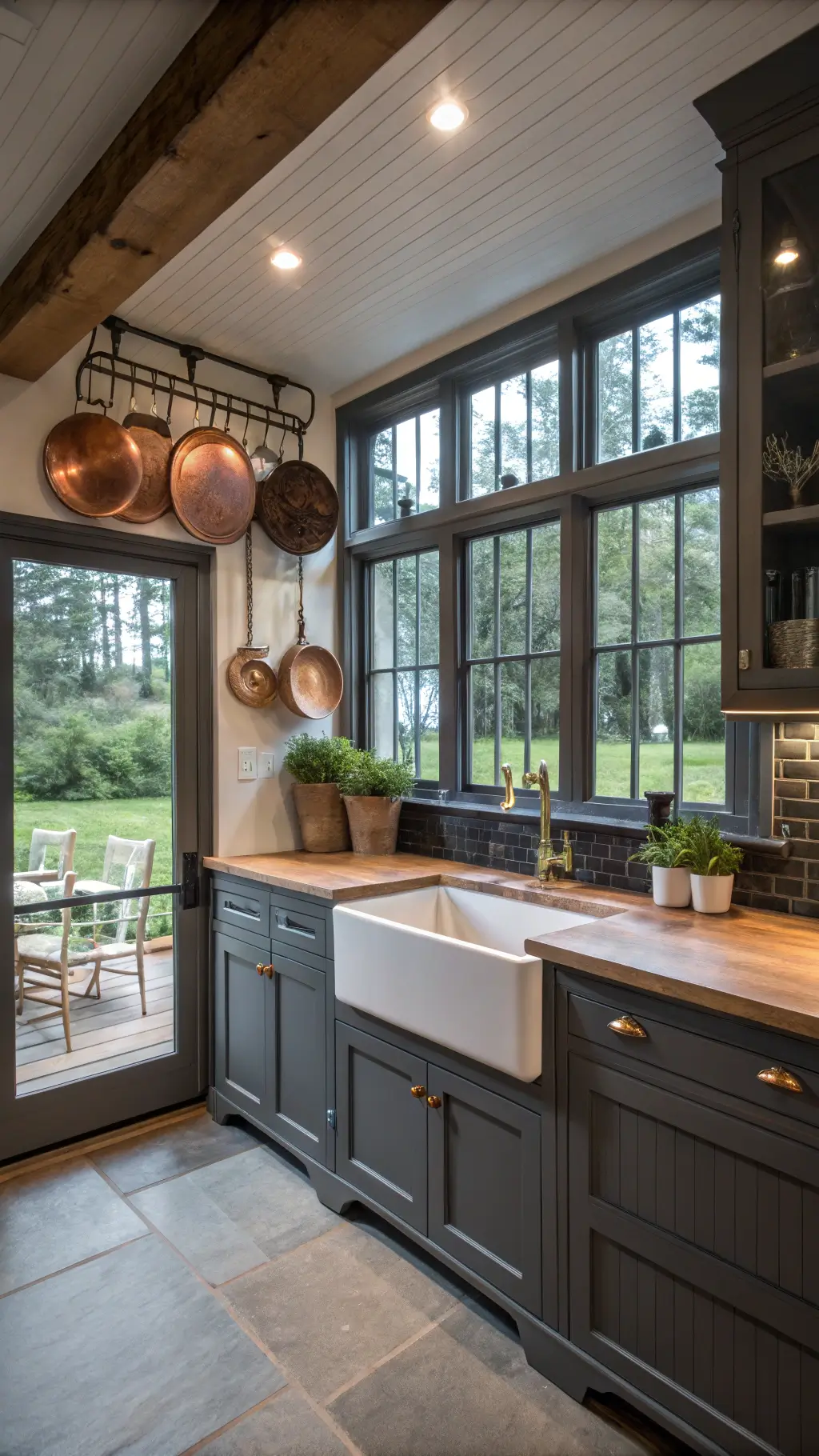 Farmhouse-modern kitchen with charcoal grey beadboard cabinets, butcher block island, and vintage copper pots hanging from ceiling rack. White ceramic farmhouse sink with brass faucet sits under tall windows overlooking garden. Mixed lighting during twilight creates a warm, rustic yet refined atmosphere.