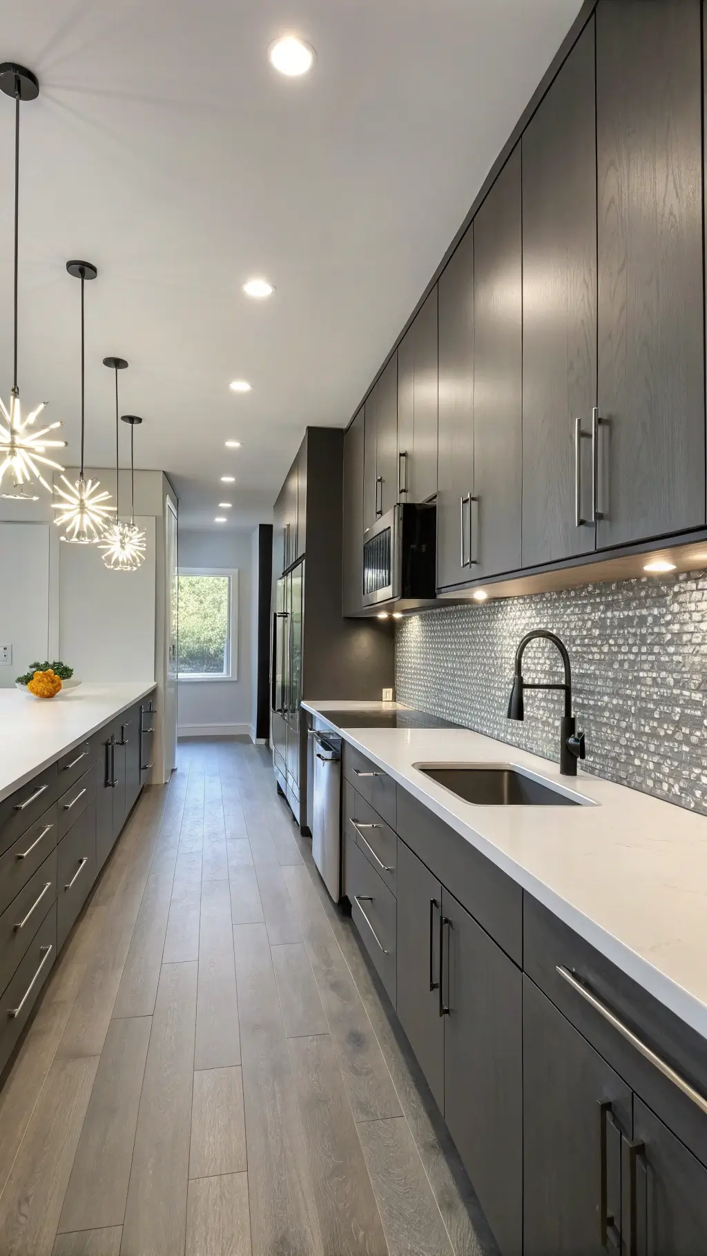 Modern galley kitchen with handleless dark grey cabinets, white Corian waterfall countertops, metallic mosaic backsplash, and integrated appliances. Linear pendant lighting emphasizes symmetry, with afternoon sunlight casting dynamic shadows.
