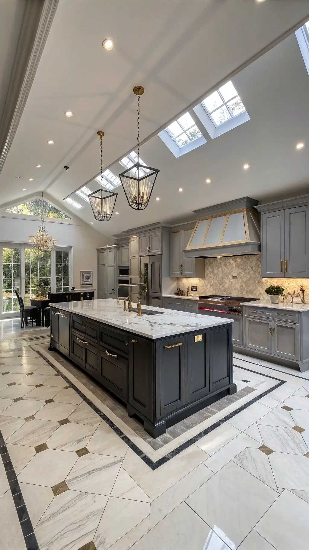 Spacious open-plan kitchen with dual-tone grey cabinets, vaulted ceiling with skylights, marble waterfall island, mixed metal fixtures, geometric tile flooring, and bright, airy lighting.