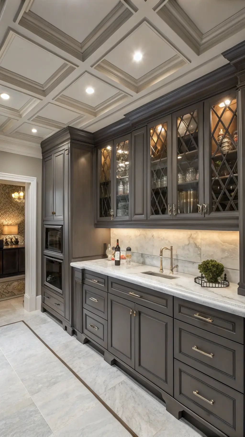 Sophisticated kitchen with charcoal grey raised-panel cabinets, coffered ceiling, recessed lighting, built-in wine storage with glass doors, Calacatta marble counters and backsplash, and polished nickel hardware. Balanced design with professional lighting.