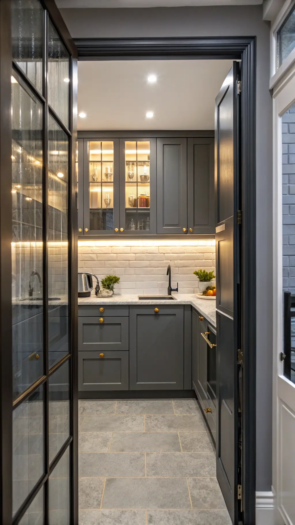 Compact urban kitchen with dark grey cabinets, illuminated glass-front uppers, mirrored backsplash, and white quartz floating breakfast bar. Contemporary track lighting enhances the warm evening atmosphere.