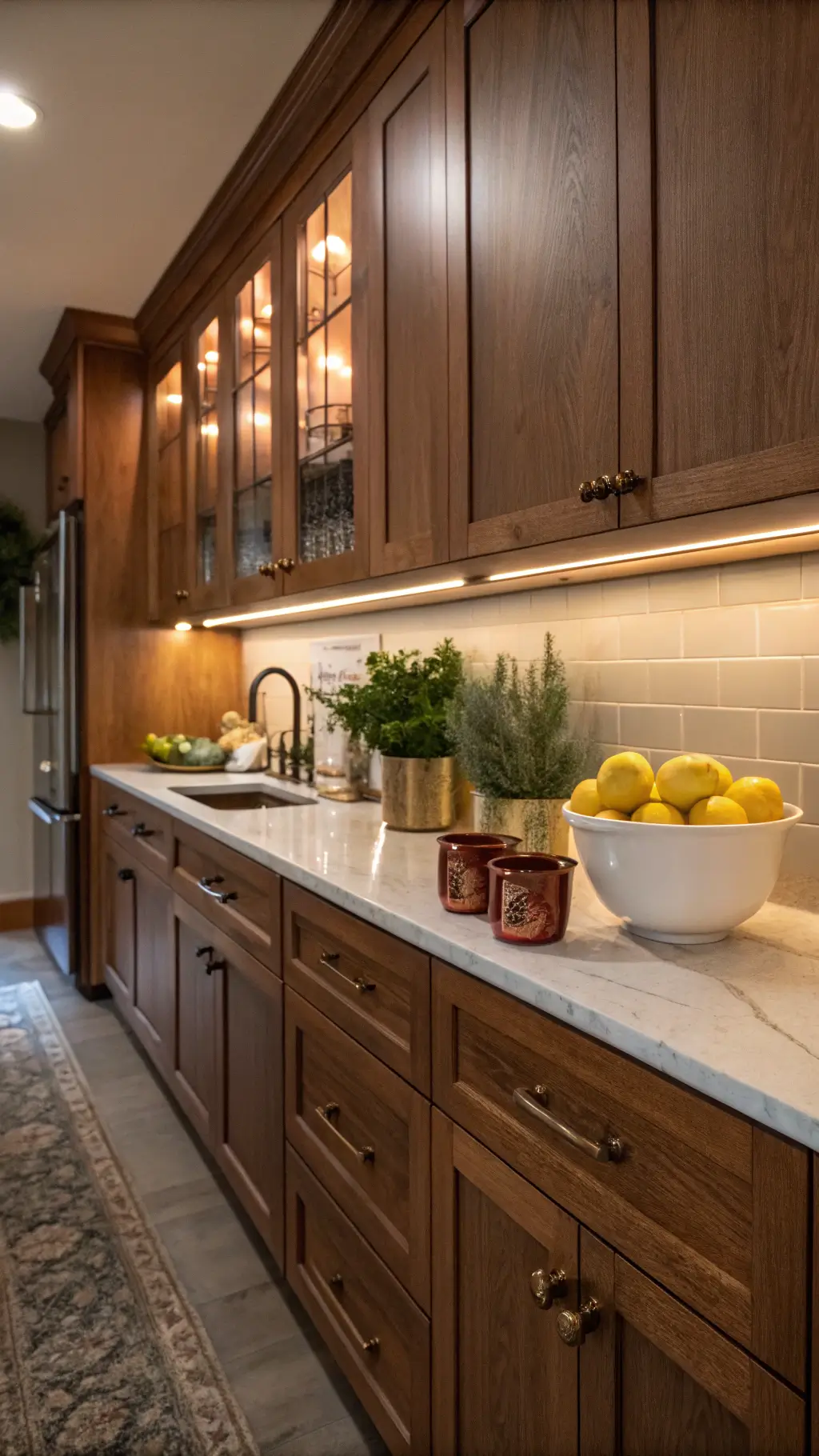 Cozy kitchen with cherry cabinets, antique brass handles, and under-cabinet lighting. Countertop displays copper Moscow mule mugs, a white bowl filled with lemons, and potted herbs. The warm lighting accentuates the rich wood tones.