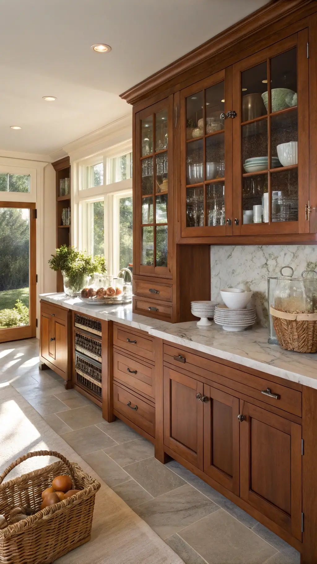 Bright open-plan kitchen with floor-to-ceiling cherry cabinets, glass-front uppers displaying white dinnerware, and brushed nickel handles. Central island adorned with a woven basket of artisanal bread, marble mortar and pestle, and cascading eucalyptus in a tall ceramic vase. Warm natural backlighting emphasizes cabinet contours.