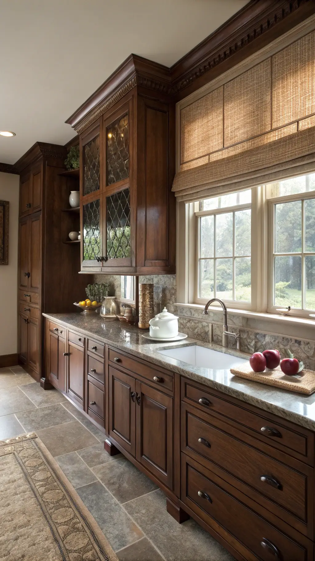 Early morning kitchen with cherry cabinetry, oil-rubbed bronze handles, and woven Roman shades casting soft shadows. Vintage copper tea set, white ceramic butter dish, and fresh figs on a wooden board add charm. Low-angle perspective highlights cabinet height and architectural details.