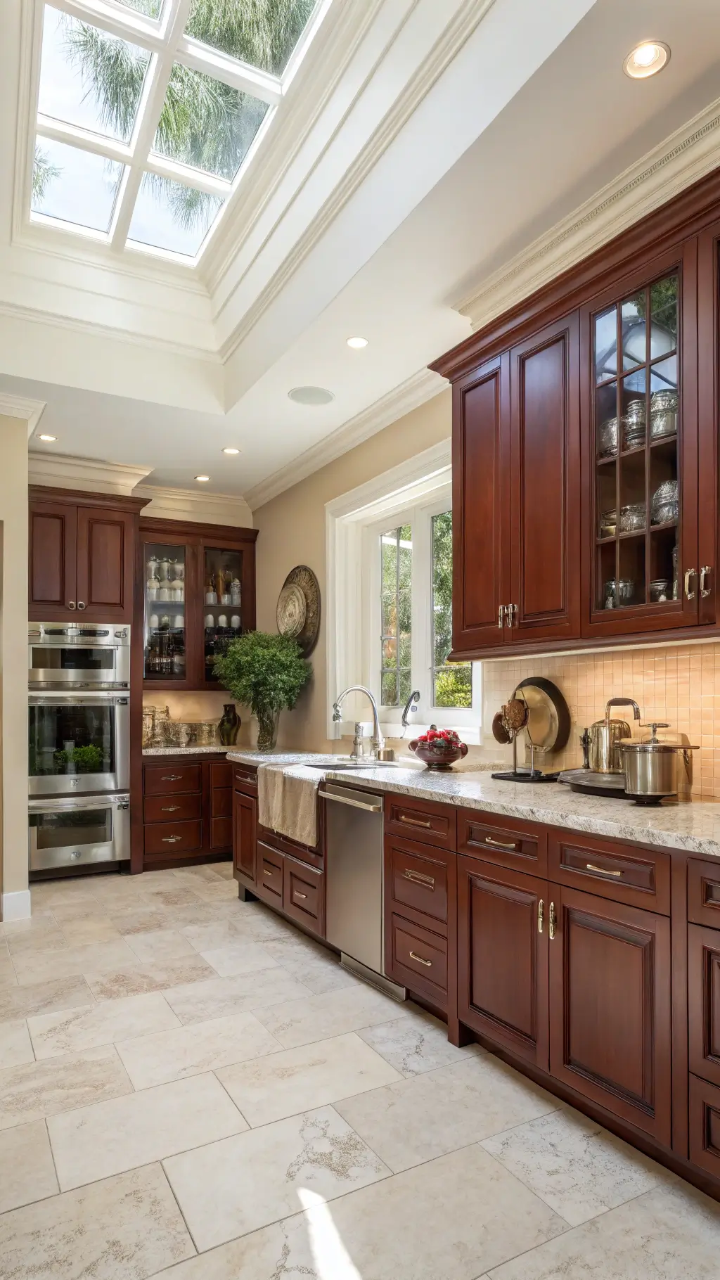 Sunlit kitchen with cherry cabinets, cream-colored walls, and mixed metal hardware. A corner vignette displays white pitchers, copper pots, and a potted olive tree. Coffered ceiling and natural light create depth, with subtle shadows emphasizing clean lines.