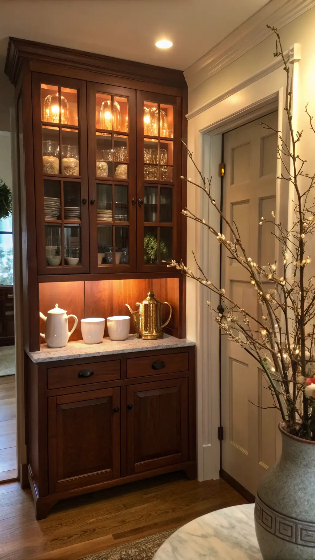 Inviting kitchen nook with cherry cabinetry, glass-front butler’s pantry, and interior lighting. Antique brass library lights illuminate copper mugs and white ironstone dishes. A tall ceramic vase holds fresh magnolia branches, adding an organic feel. Warm lighting enhances symmetry and depth.
