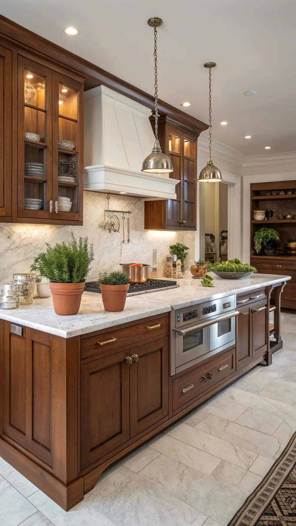 Chef’s kitchen bathed in early morning light, featuring expansive cherry cabinets with brushed nickel pulls. White marble waterfall island surrounded by copper pans, white ceramic canisters, and terracotta herb pots. Golden hour lighting enhances the warmth, captured from a corner angle to emphasize depth.