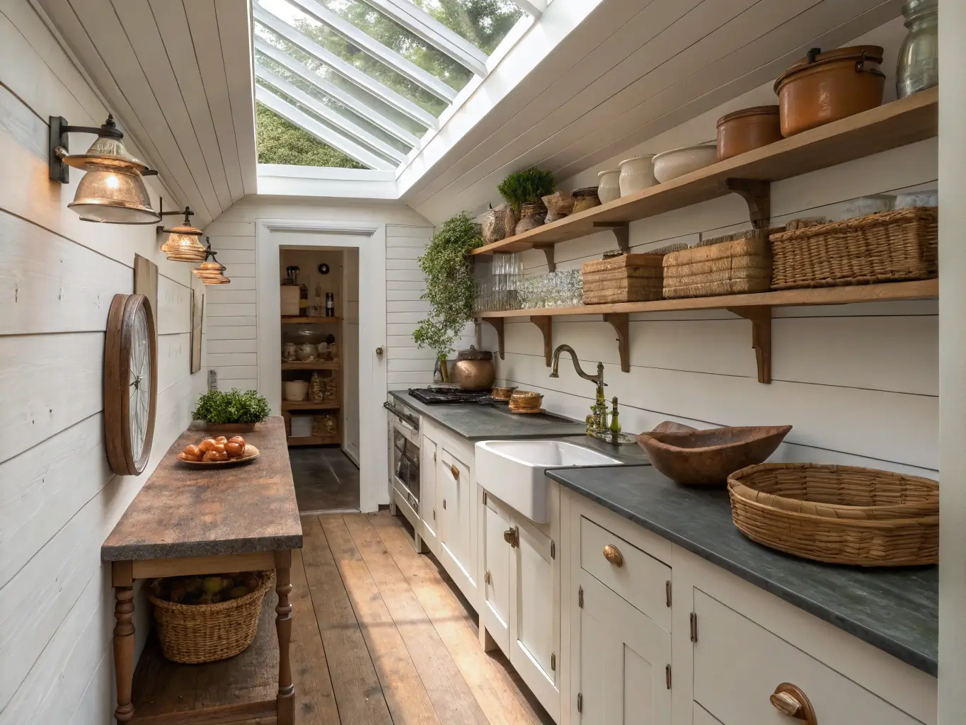 Bright galley-style cabin kitchen illuminated by skylight. Soapstone countertops contrast with warm white shiplap walls. Copper pipe open shelving holds preserved goods, vintage scales, and antique cutting boards. Terracotta pots with fresh herbs and woven baskets filled with produce add warmth. Earthy tones with copper highlights create a harmonious, practical space.