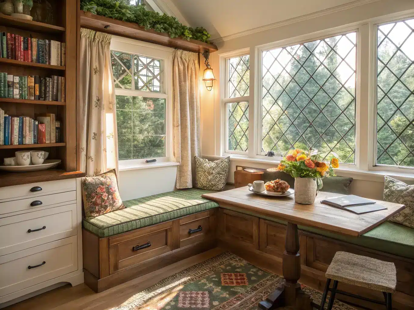 Sunlit kitchen nook with large mullioned windows casting geometric shadows. Rustic pine table beneath the window, surrounded by built-in bench seating with quilted cushions in forest green and brown tones. Open shelves display earthenware mugs and vintage books. Copper vase with fresh flowers sits on the table alongside a tea setup with pastries. Natural linen curtains soften the light, enhancing warm wood hues and a cozy ambiance.