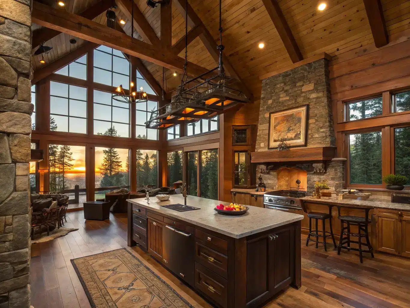 Grand cabin kitchen with soaring double-height ceiling at sunset, glowing with golden light from clerestory windows. A large center island with live-edge walnut top anchors the room. Stone accent wall with built-in fireplace adds warmth. Black iron pot rack hangs from exposed trusses. Vintage kitchen tools adorn walls, and sheepskin throws soften bar stools. Rich browns, deep greens, and copper highlights create a luxurious yet rustic ambiance, with dramatic lighting emphasizing the space’s height.