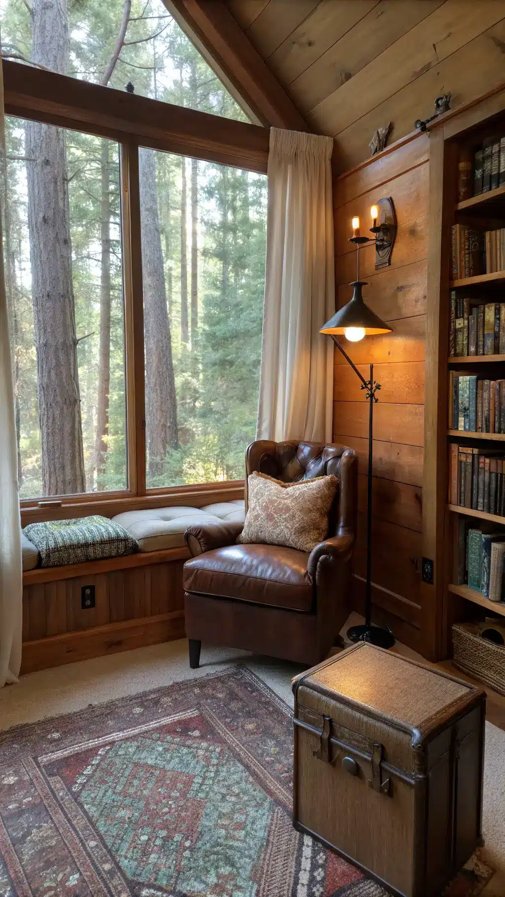 Cozy cabin reading nook with bay window overlooking a pine forest. Soft mid-morning light filters through sheer linen curtains. An oversized leather chair with a brass floor lamp sits beside built-in oak bookshelves. A window seat with handwoven cushions offers additional seating. A vintage trunk serves as a side table. Warm earth-tone accents in rust, amber, and sage fill the space.