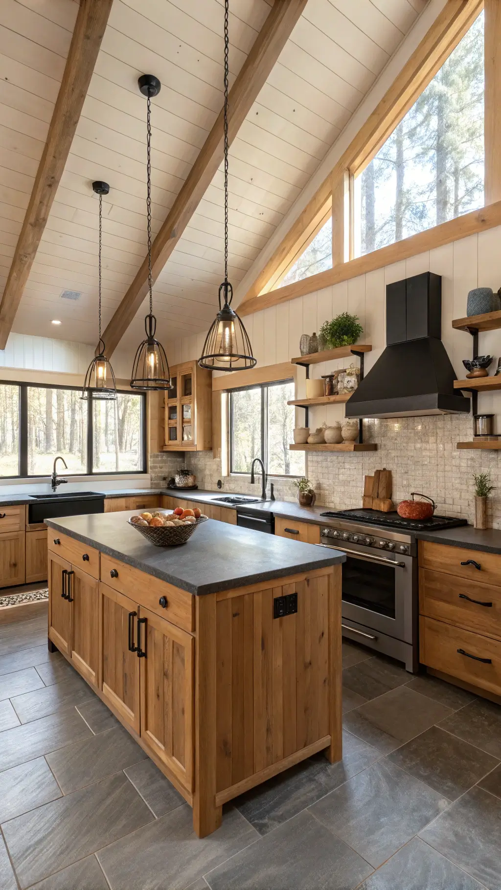 Modern cabin kitchen with vaulted ceiling, honey-toned wood cabinets, matte black hardware, and soapstone counters. Early morning light streams through skylights. A reclaimed wood island with copper fixtures and industrial pendant lights sits centrally. Open shelving displays earthenware pottery. Warm woods, charcoal, and copper tones create a cozy, stylish space.