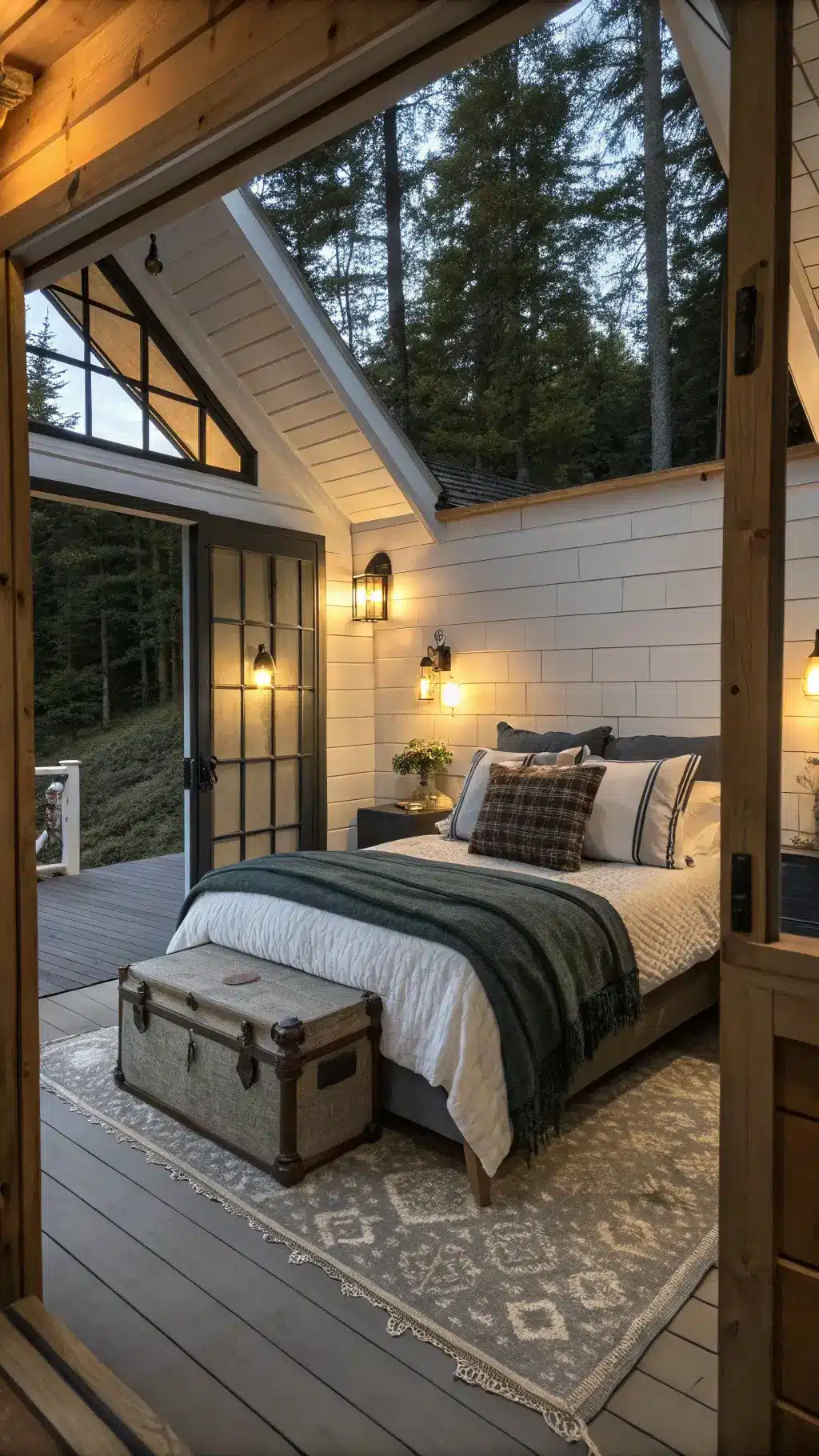 Cozy cabin bedroom with exposed timber frame, dusk lighting, and warm wall sconces. King bed with layered linens, wool blankets, and textured pillows against a shiplap accent wall. Vintage trunk at the footboard, floating nightstands. Charcoal, cream, and deep forest green palette. Soft focus on bedding textures.
