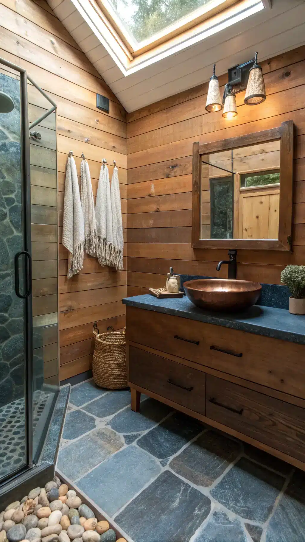 Rustic-modern bathroom with cedar-lined walls, slate flooring, and a skylight. Features a blackened oak floating vanity, copper vessel sink, and frameless glass shower with a river rock floor. Macramé wall hanging adds texture. Warm cedar, slate blue, and copper tones throughout.