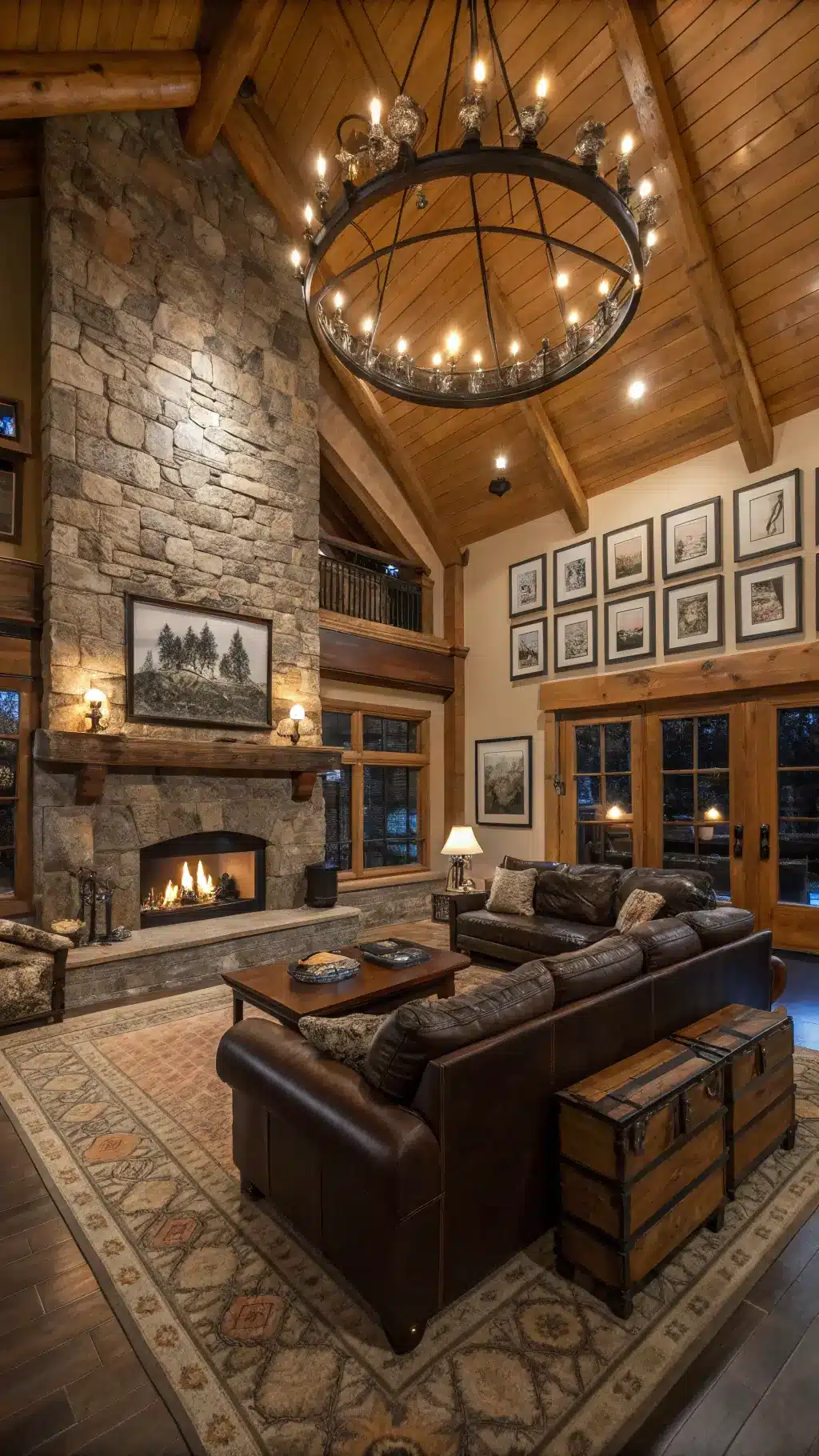 Rustic cabin great room with soaring 20-foot ceiling, dramatic tiered iron chandelier, and massive stone fireplace. Leather sectional surrounds vintage trunk coffee tables. Gallery wall features black and white photography and antique snowshoes. Warm evening lighting enhances the stone gray, tobacco brown, and cream color palette. Wide-angle view emphasizes the room's grand scale.