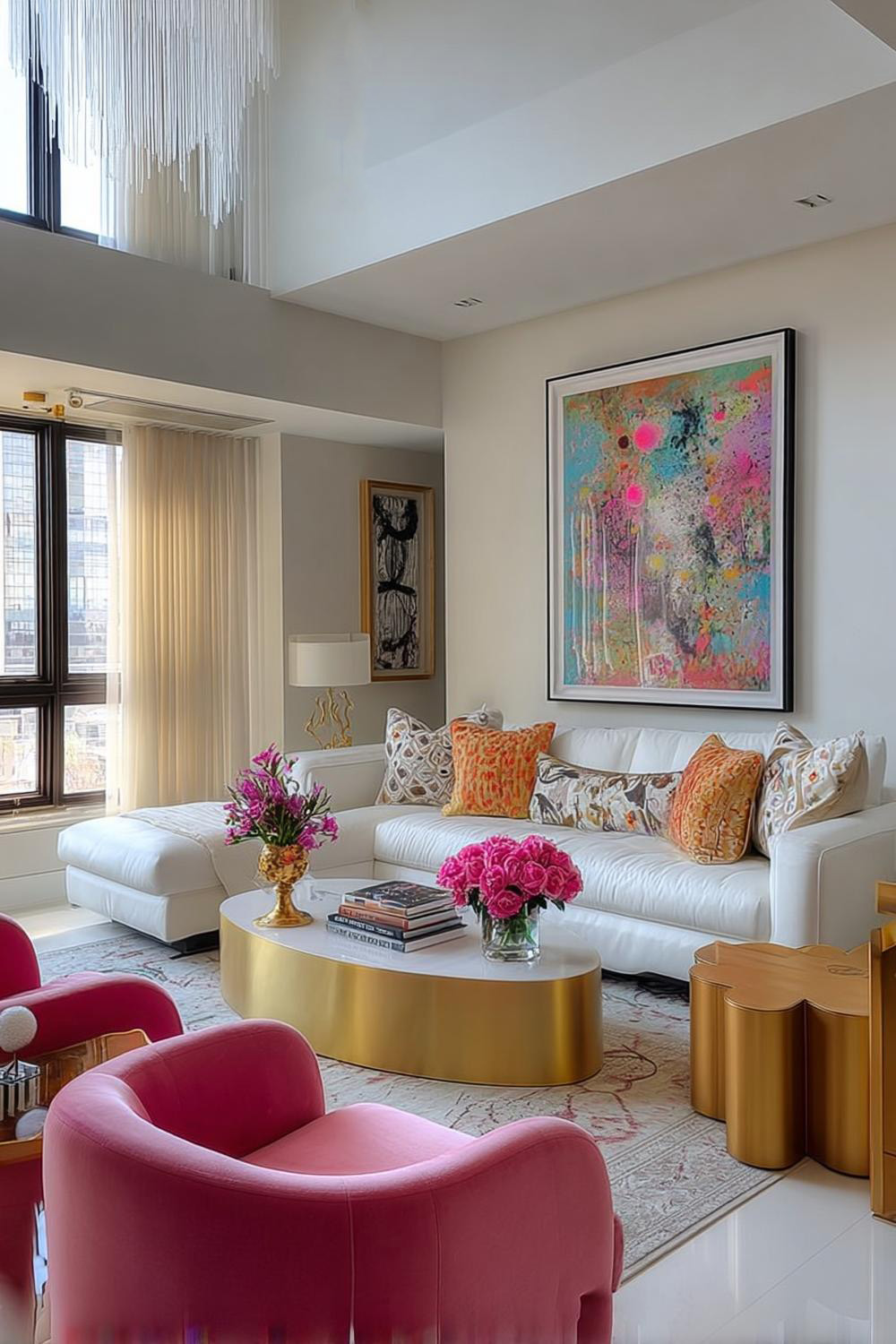 Contrast Hot Pink Armchairs Against Warm Gold Side Tables