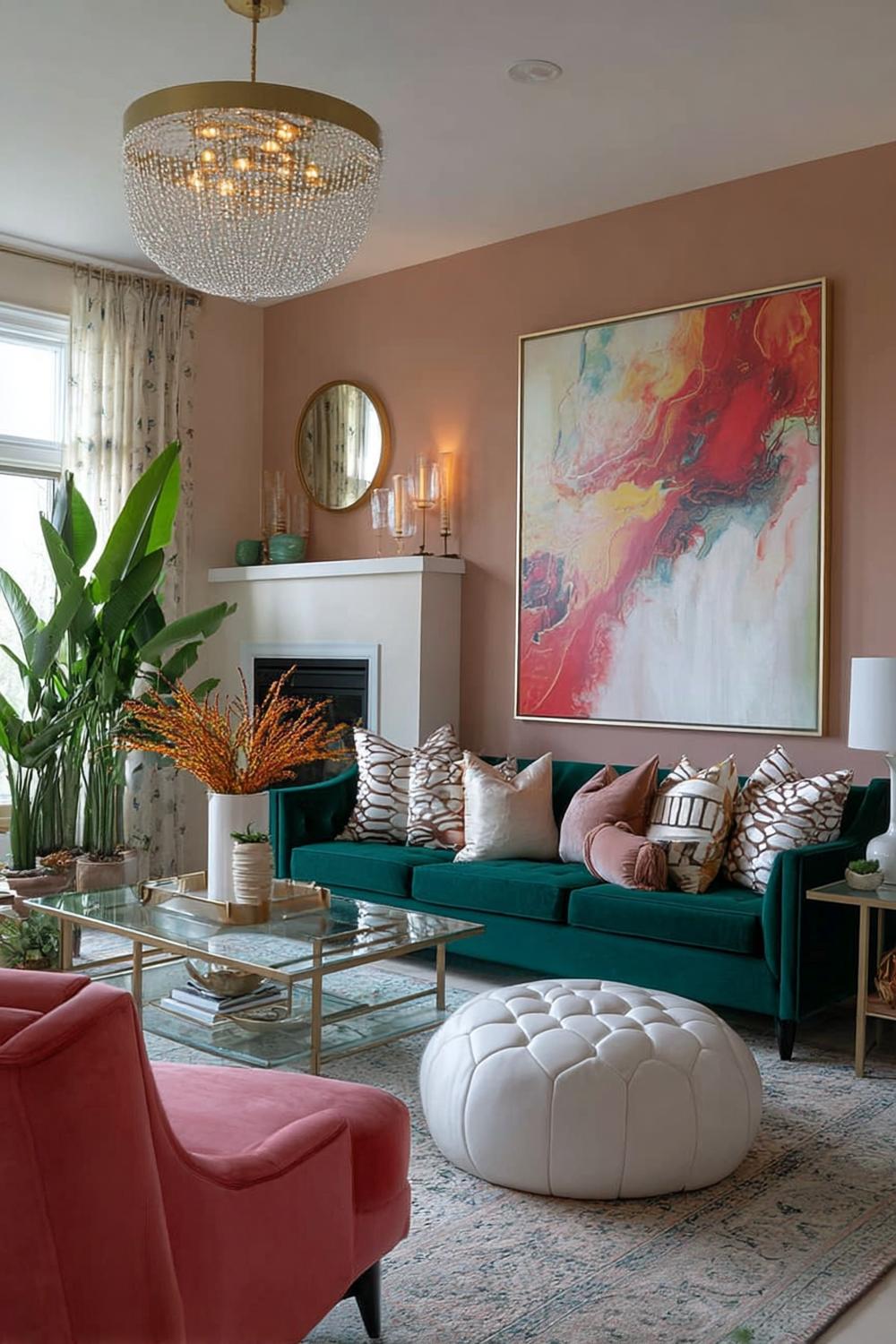 Feature a Crystal Chandelier to Enhance Glamorous Living Room Ideas