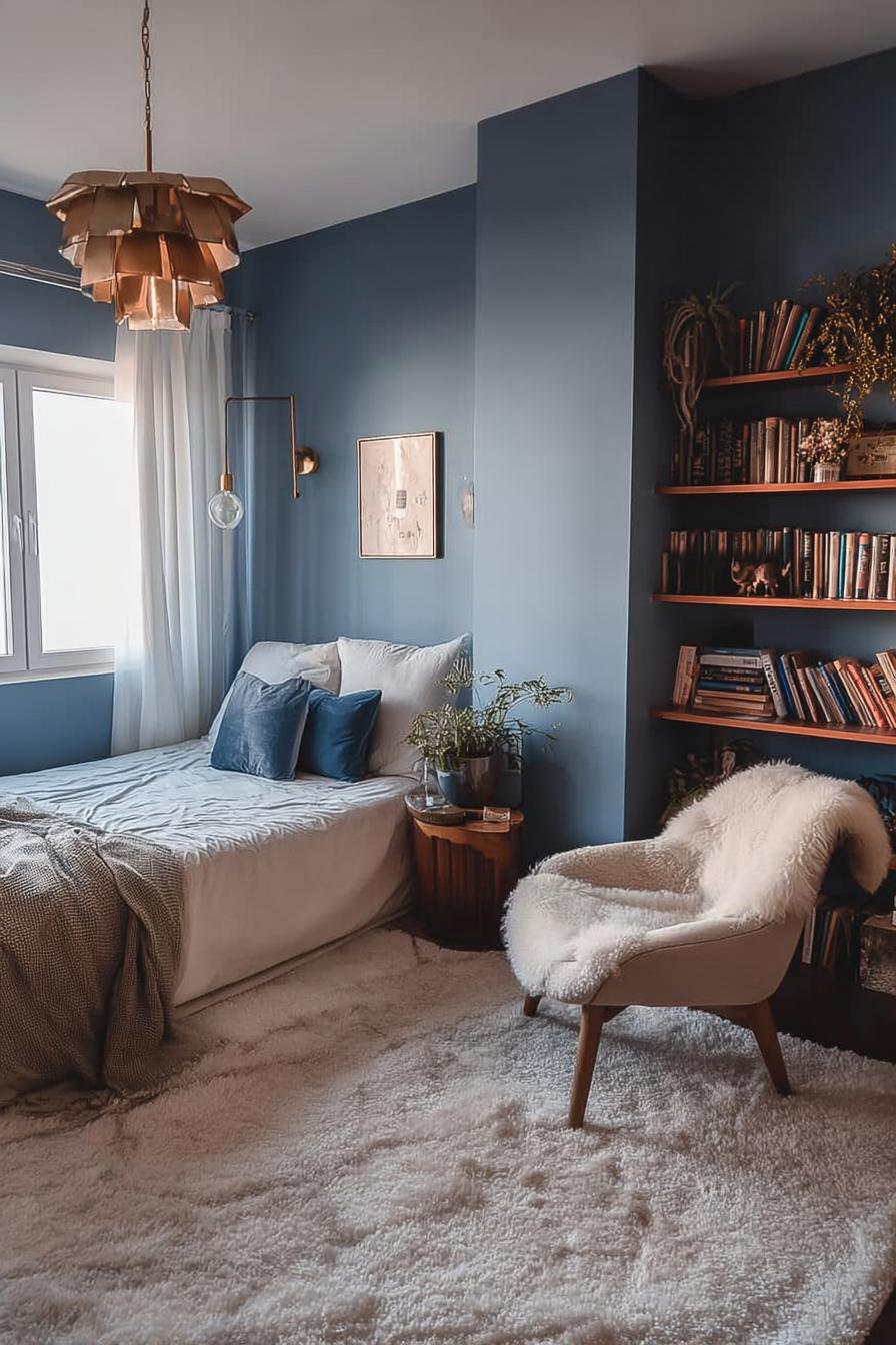 Curate Bookshelves with Blue-Toned Books and Decorative Accents