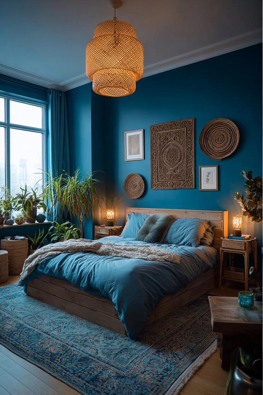 Introduce Natural Woven Wall Decor Against Bold Blue Walls
