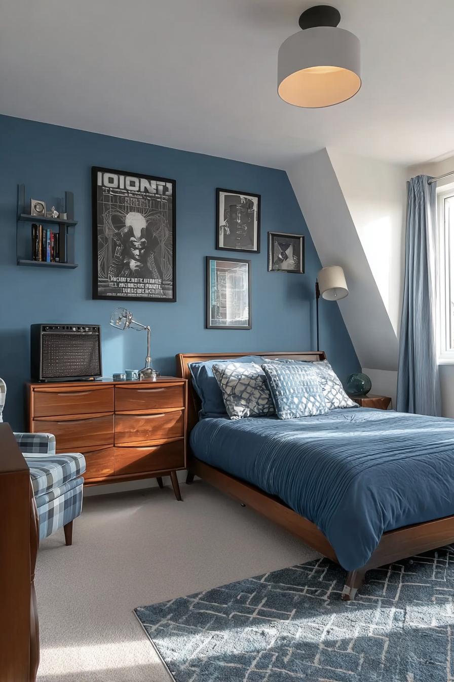Incorporate Patterned Grey Rugs to Complement Blue Walls