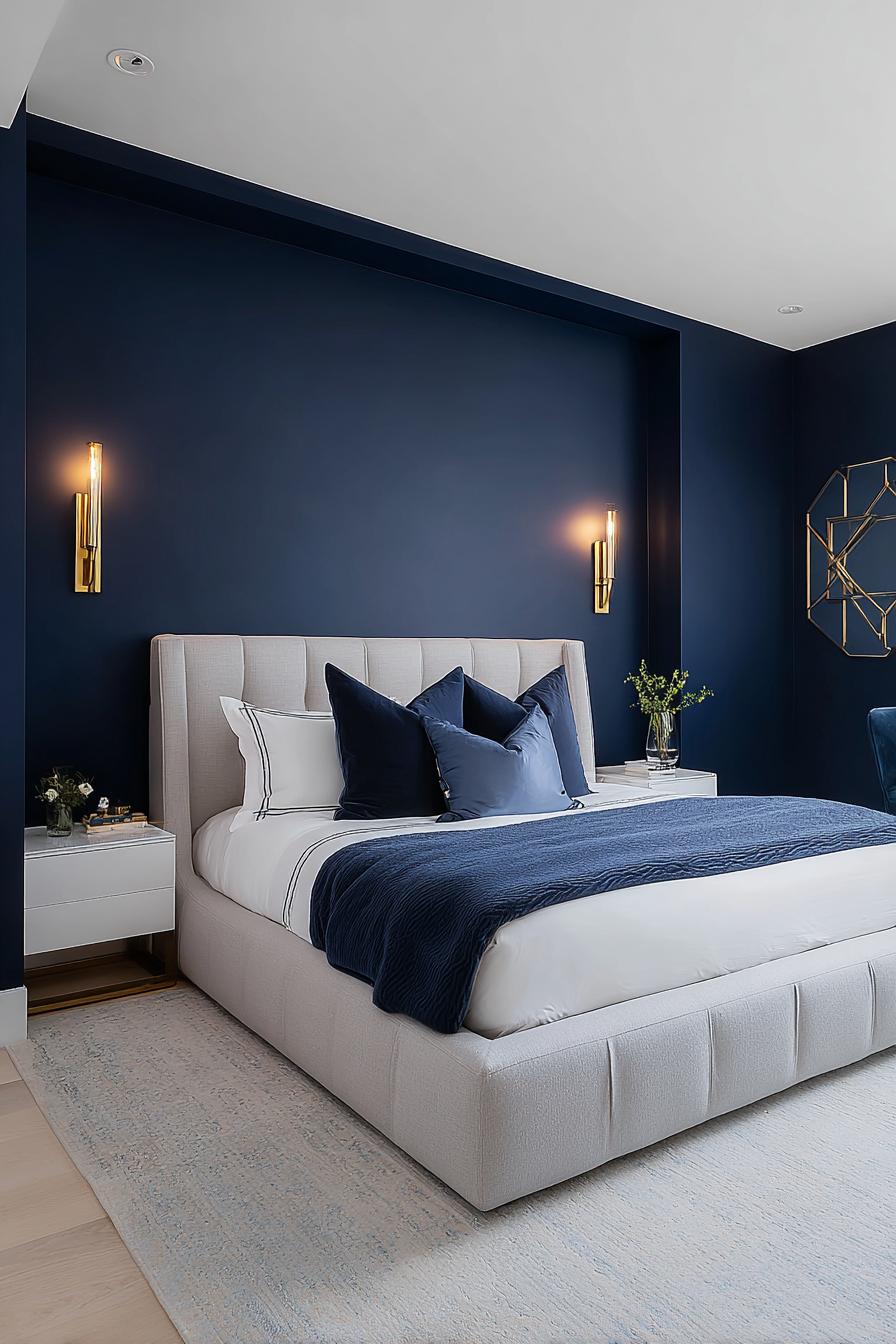 Contrast Soft Upholstered Beds with Vibrant Blue Bedding