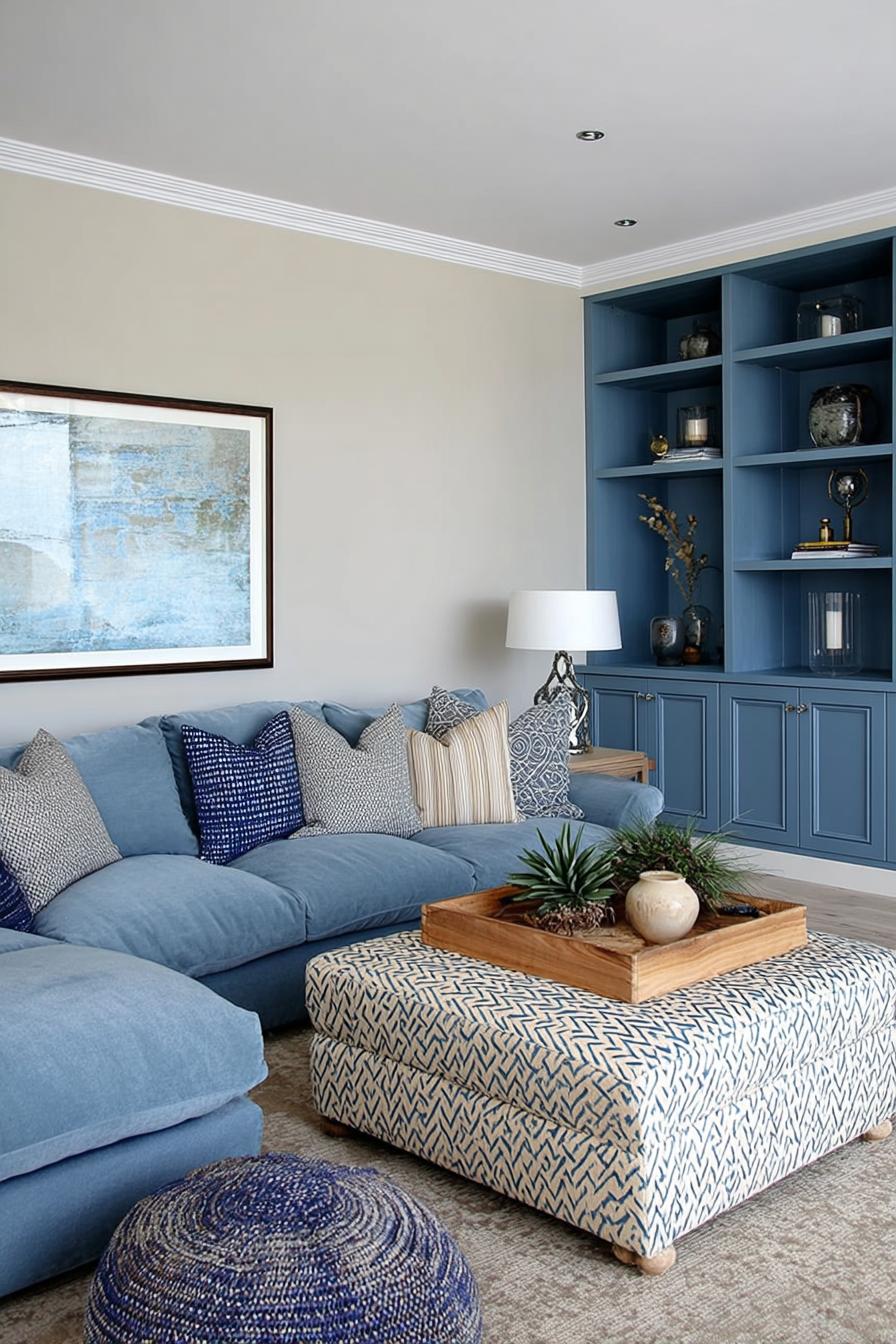 Organize Built in Blue Shelving For Striking Living Room Storage