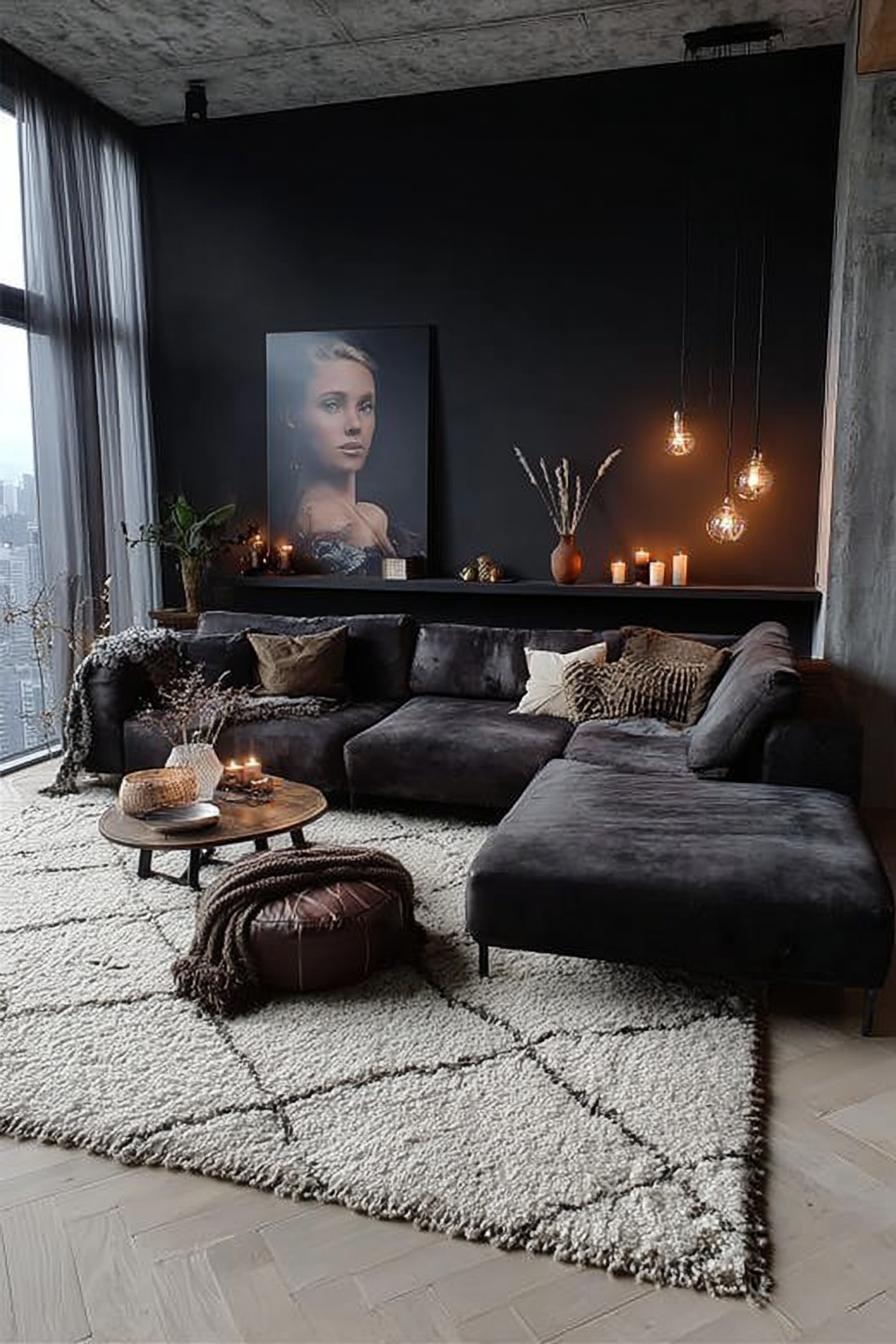 Frame Your Black Living Room with Oversized Floor to Ceiling Windows