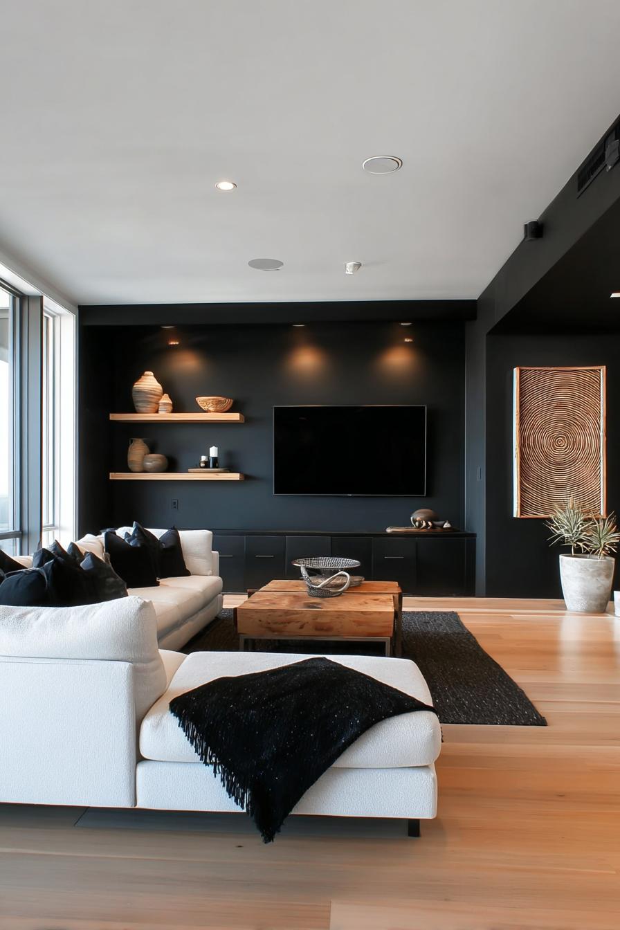 Balance Black Walls with Light Wood Flooring