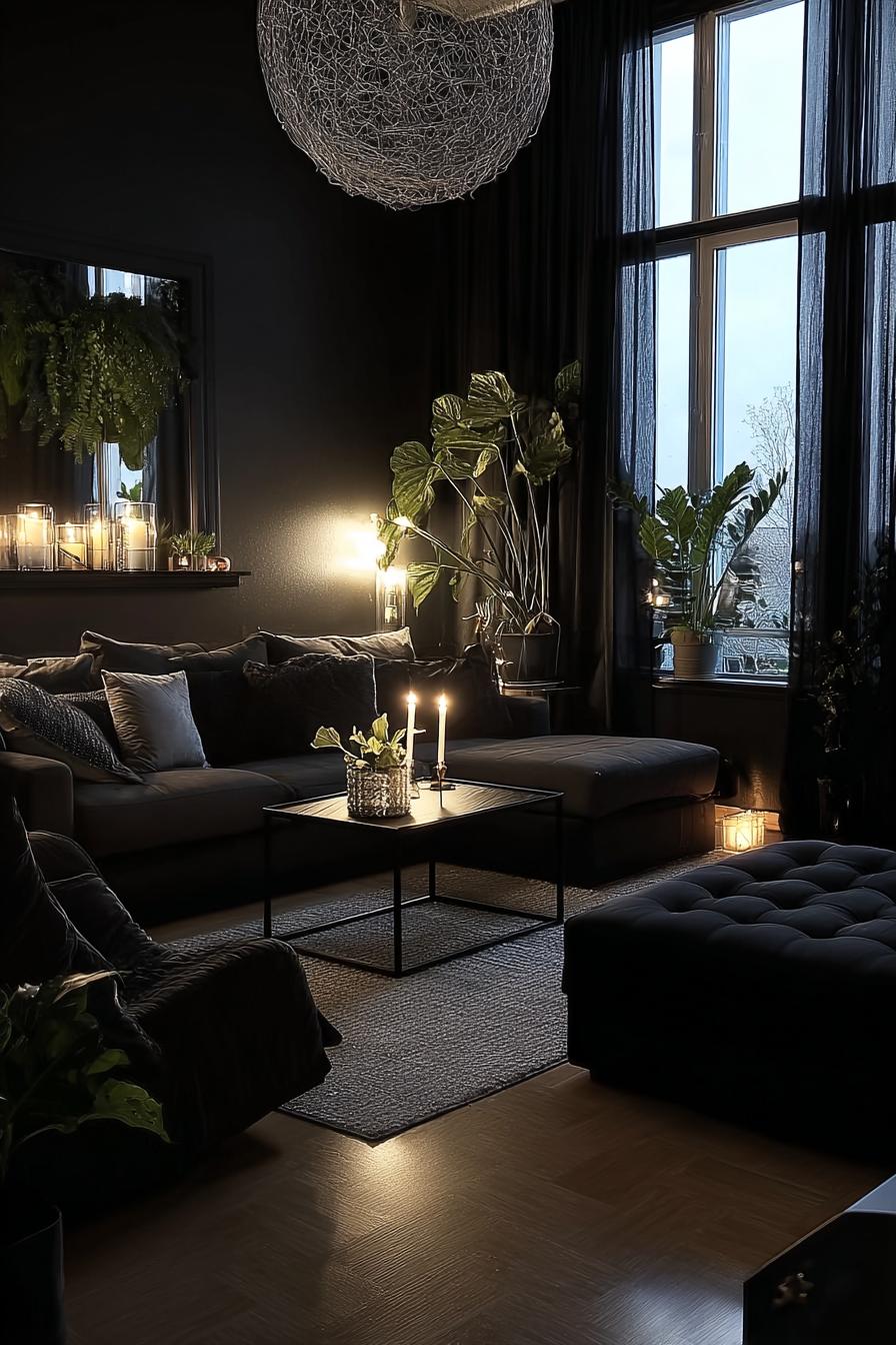 Arrange Lush Green Plants to Soften Dramatic Black Walls