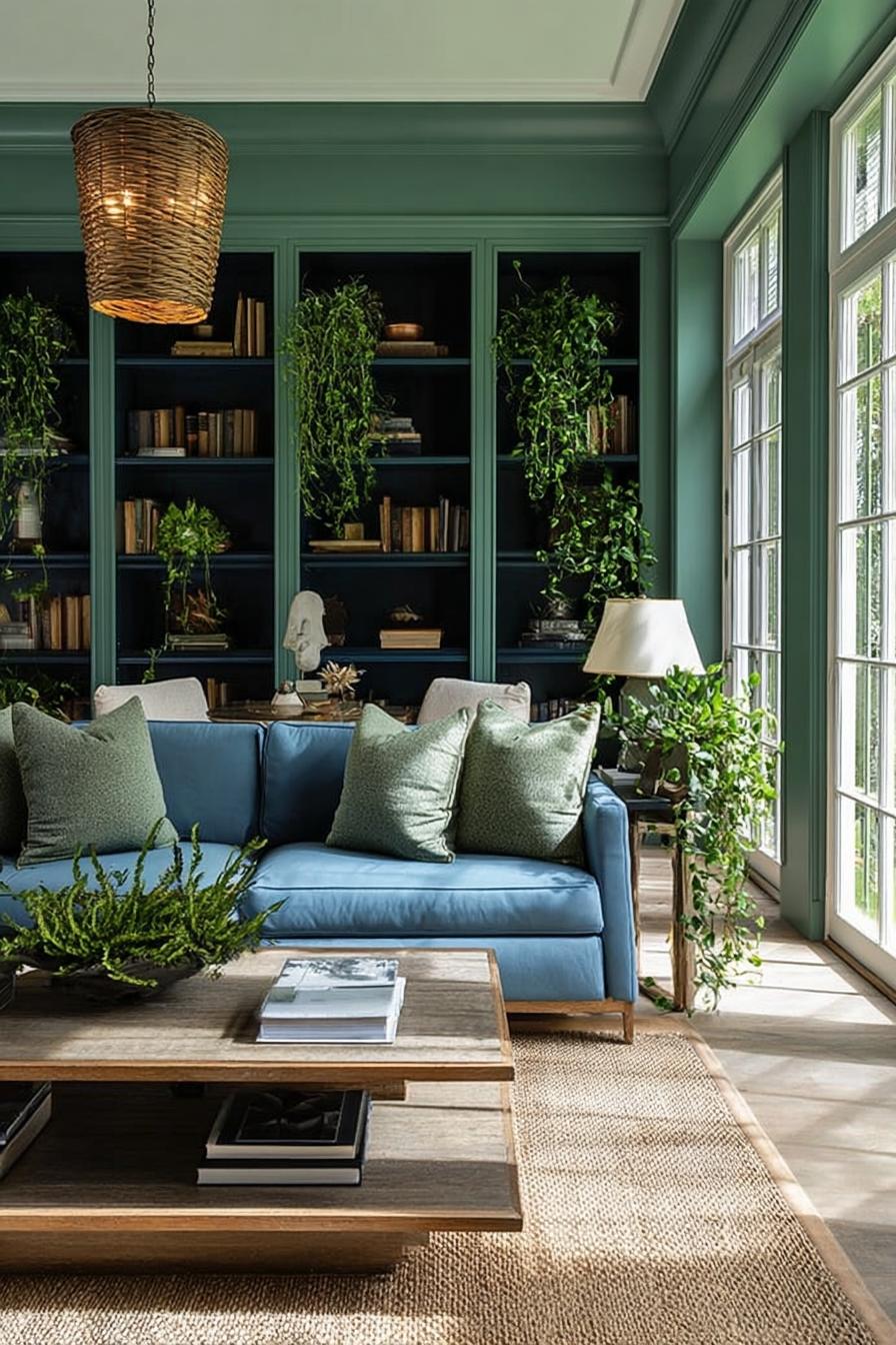 Make a Statement with Black-Framed Green Built-In Shelving