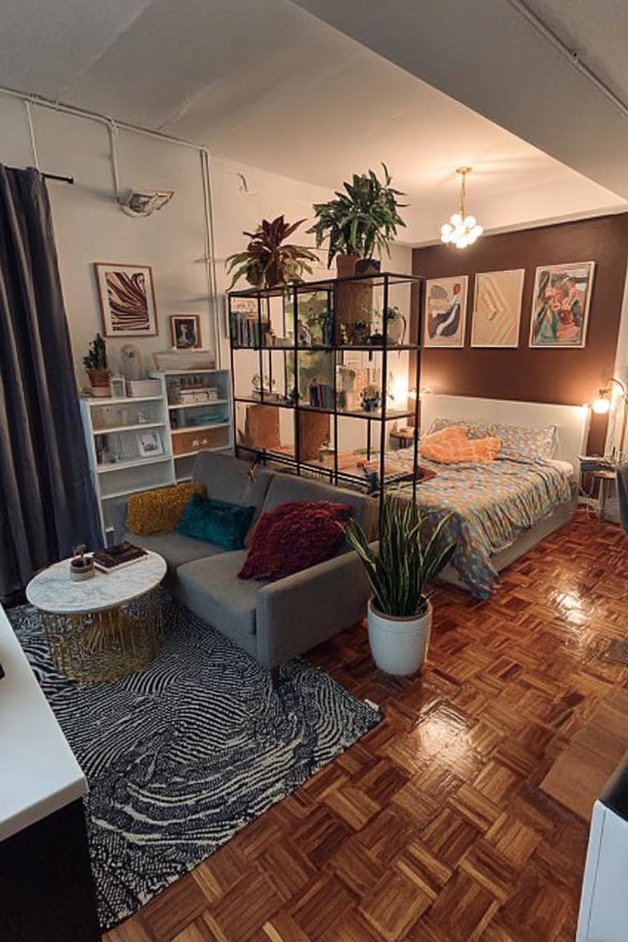 Add Greenery on Open Shelves to Define Zones in Small Spaces