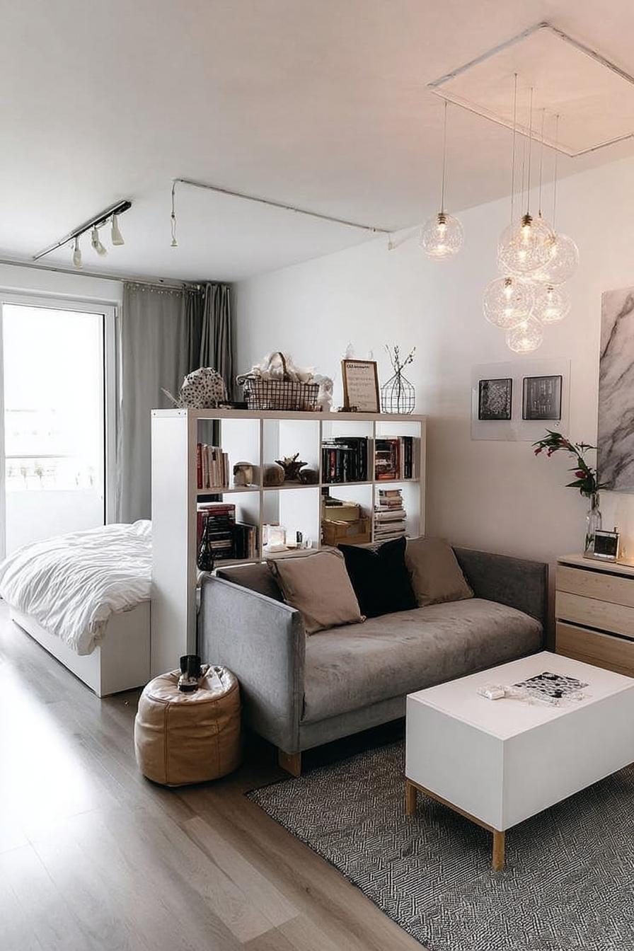 Enhance Privacy with Open Bookshelf Divider in Living Bedroom Combo