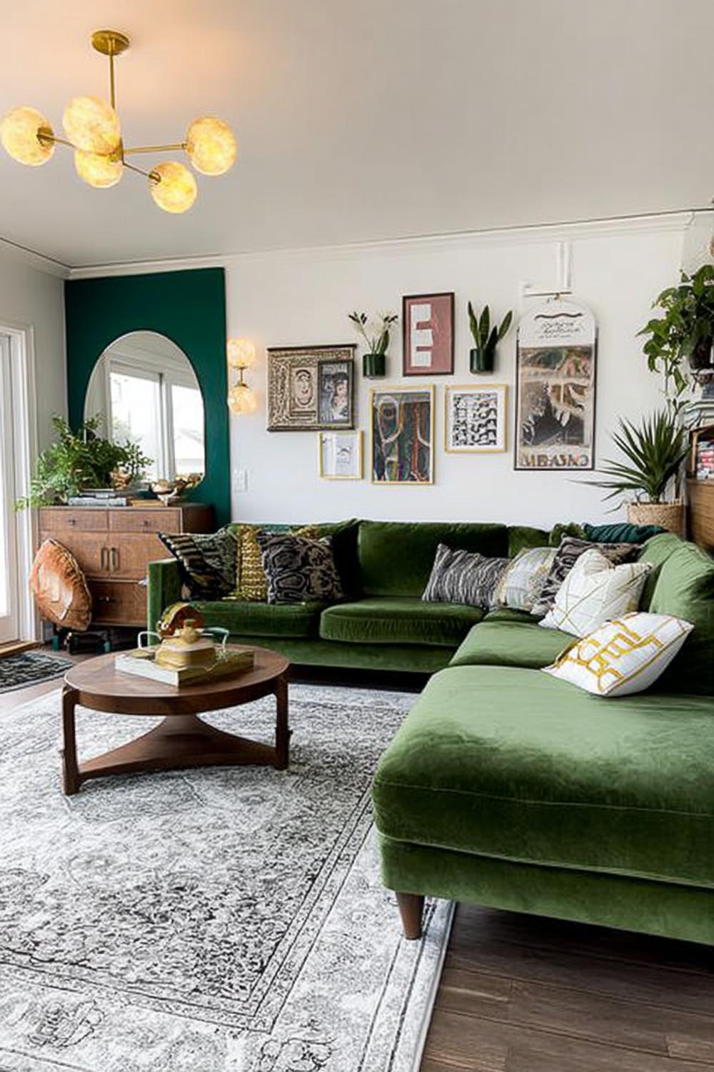 Contrast Wood Tones Against Green Sectional For a Modern Edge