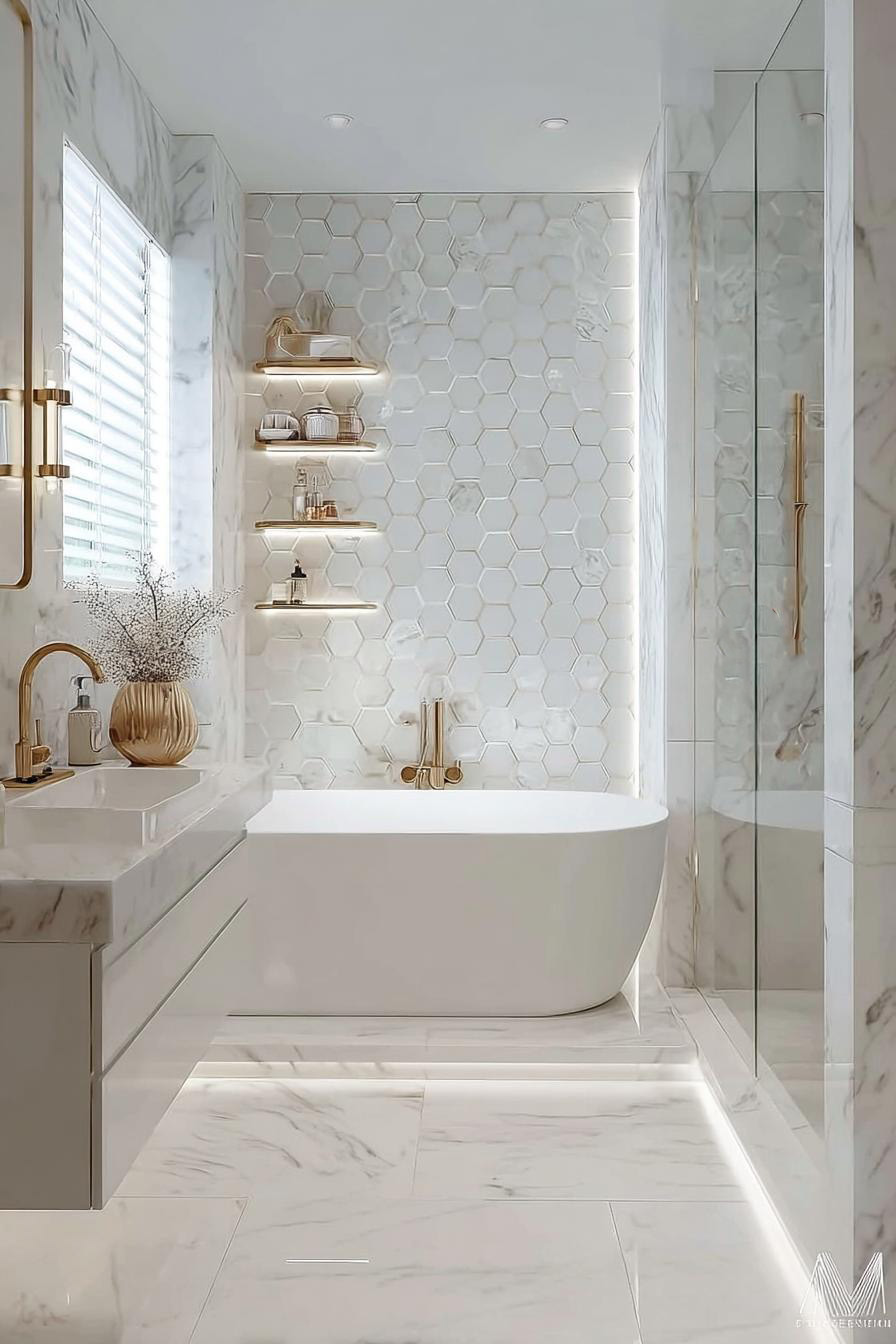 Install Floating Shelves to Expand Elegant Bathroom Storage Cabinets