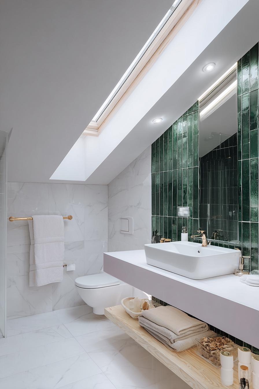 Frame the Vanity with Glossy Green Tile For Bold Contrast