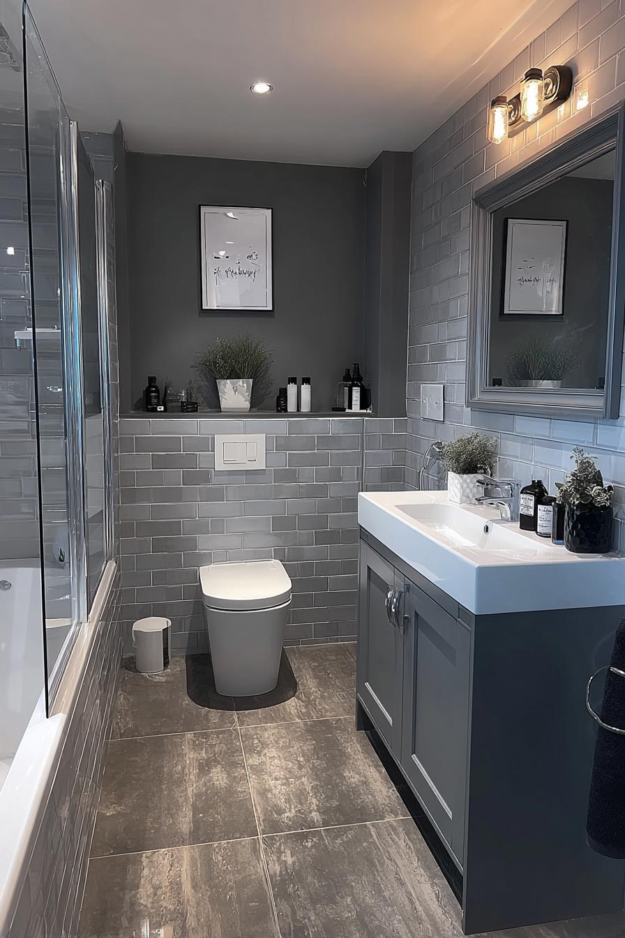 Balance Grey Tones with Navy Blue Vanity For Depth