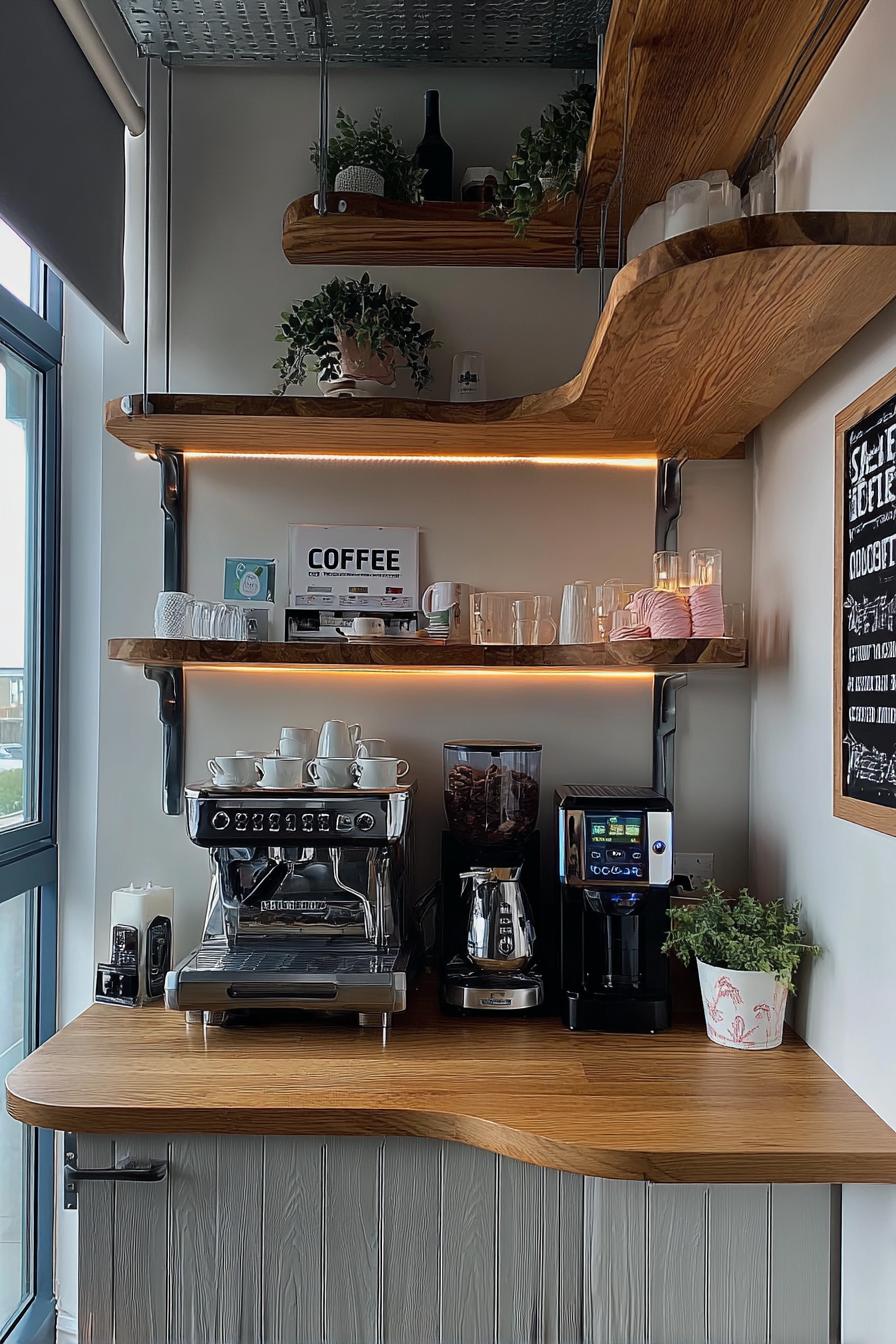 Showcase Curved Wooden Shelves For Striking Small Corner Design