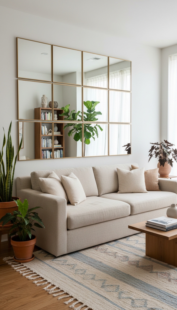 wall behind sofa design ideas - Mirror Grids: Amplify Light and Space