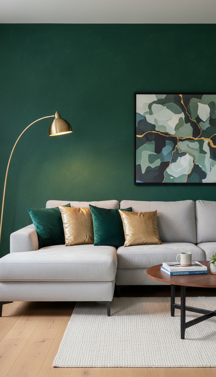 wall behind sofa design ideas - Bold and Luxurious: Dark Green Accent Walls