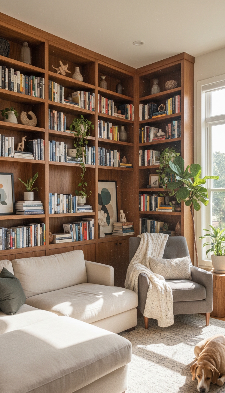 wall behind sofa design ideas - Built-In Bookshelves: Functional Artistry