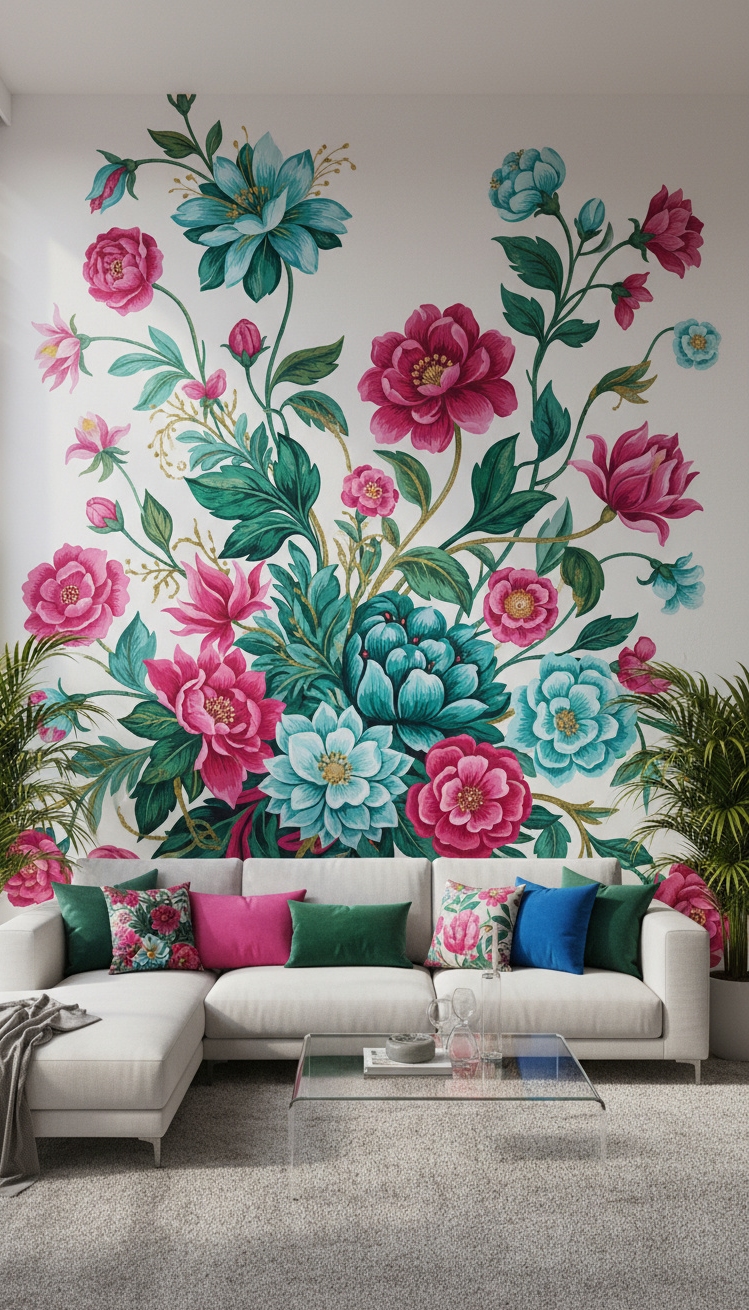 wall behind sofa design ideas - Floral Murals: Vibrant and Inviting